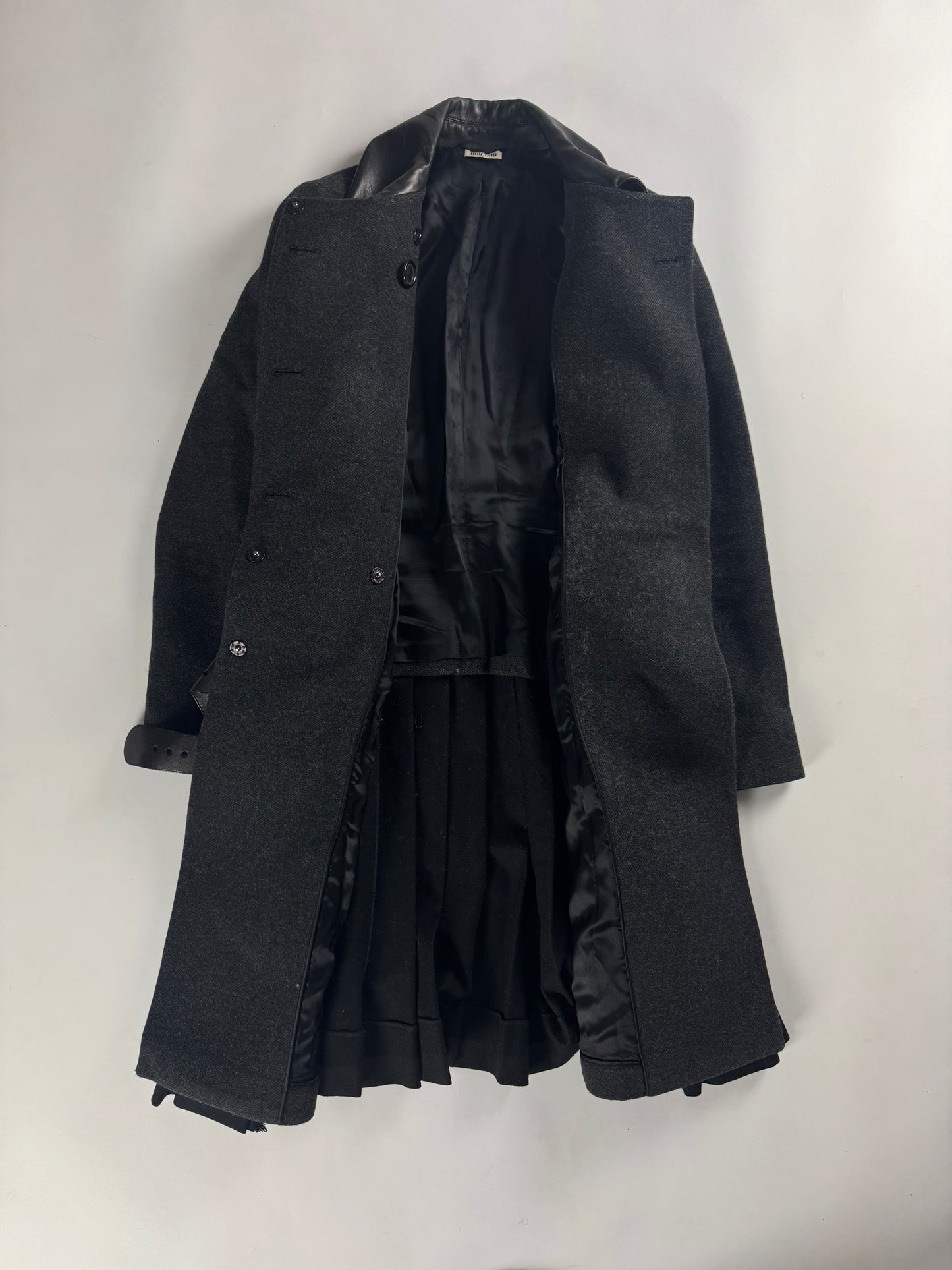 Miu Miu Structured Wool Pleated Hem Leather Collar Coat FW 2013 - XS