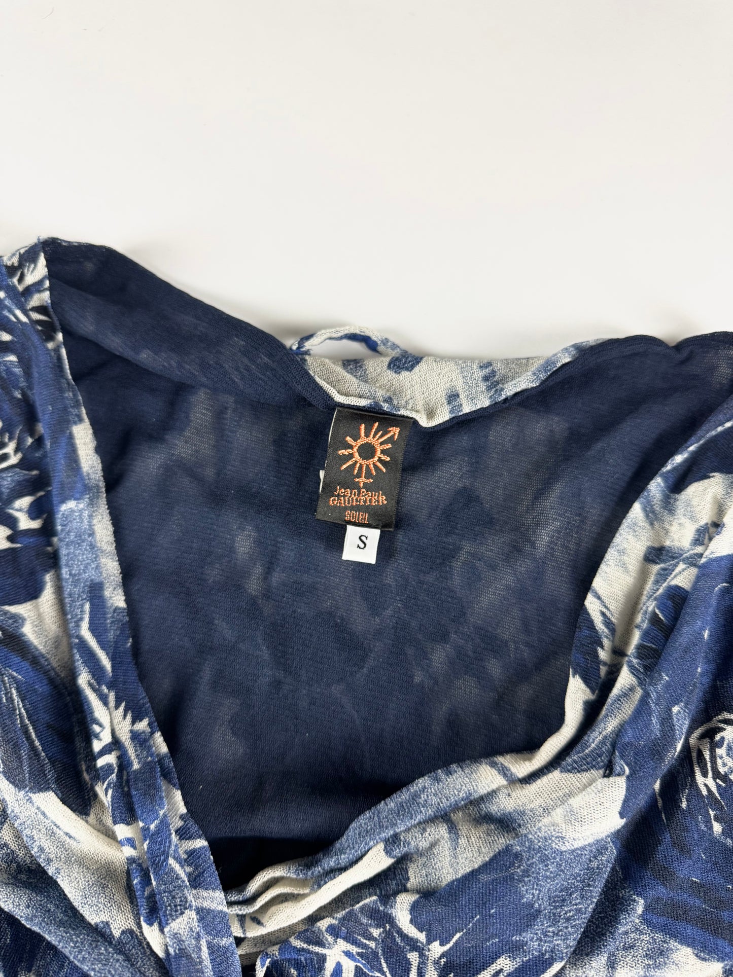 Jean Paul Gaultier Navy Rose Print Twist Knot Front Plunging Neckline Blue Mesh Top 2000s - S