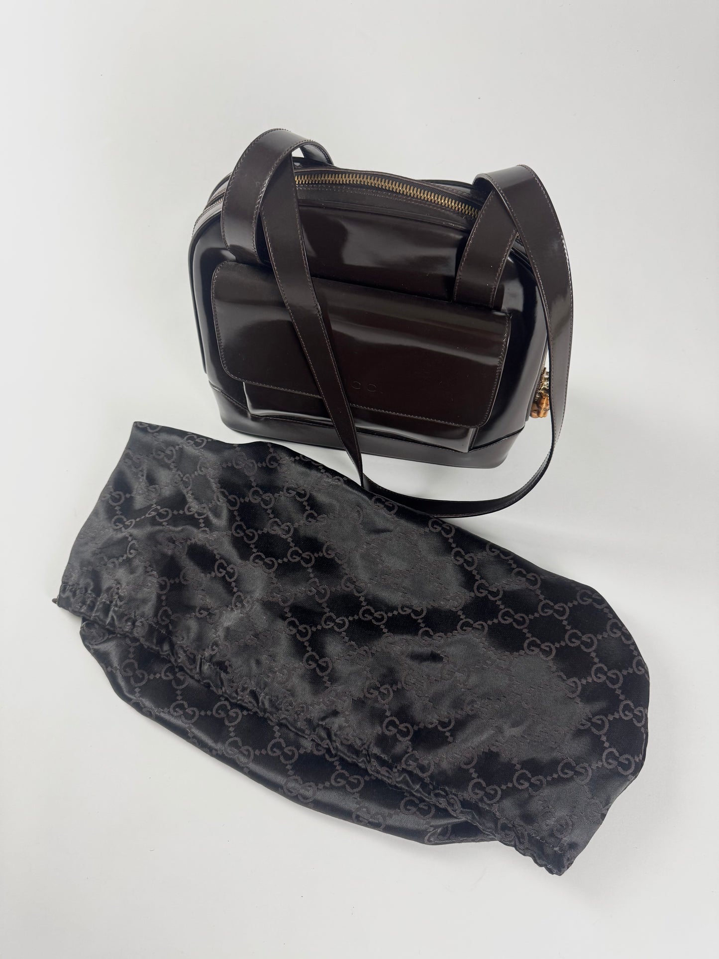 Gucci Brown Leather Patent Bamboo Shoulder Bag 1990s - OS