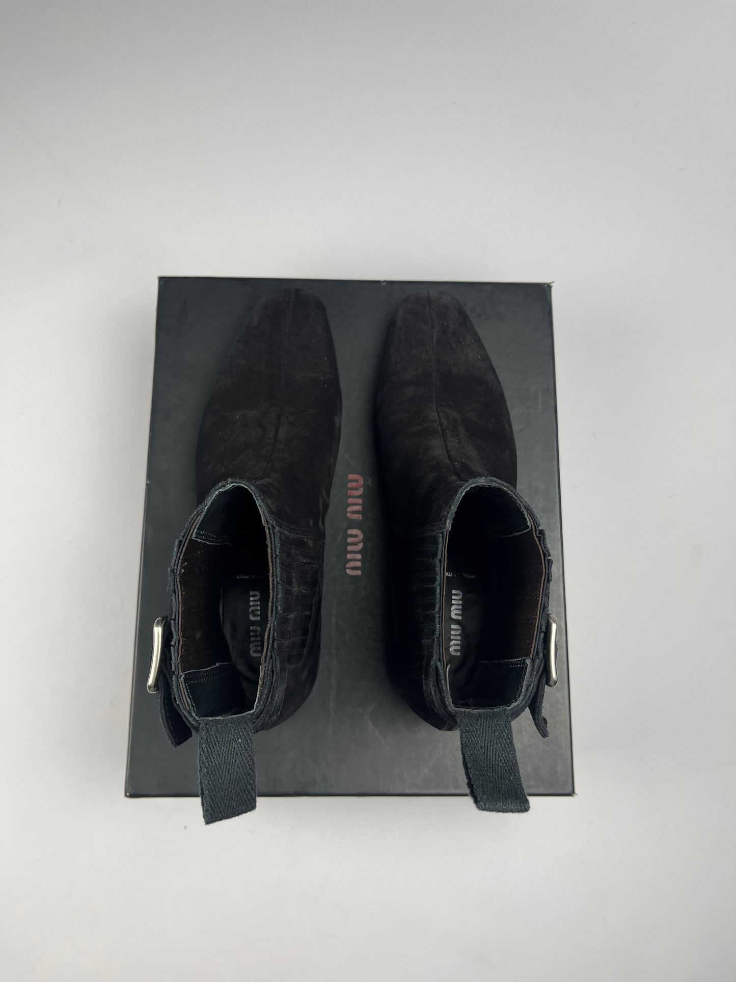 Miu Miu Chelsea Belted Black Suede Boots - 41 EU