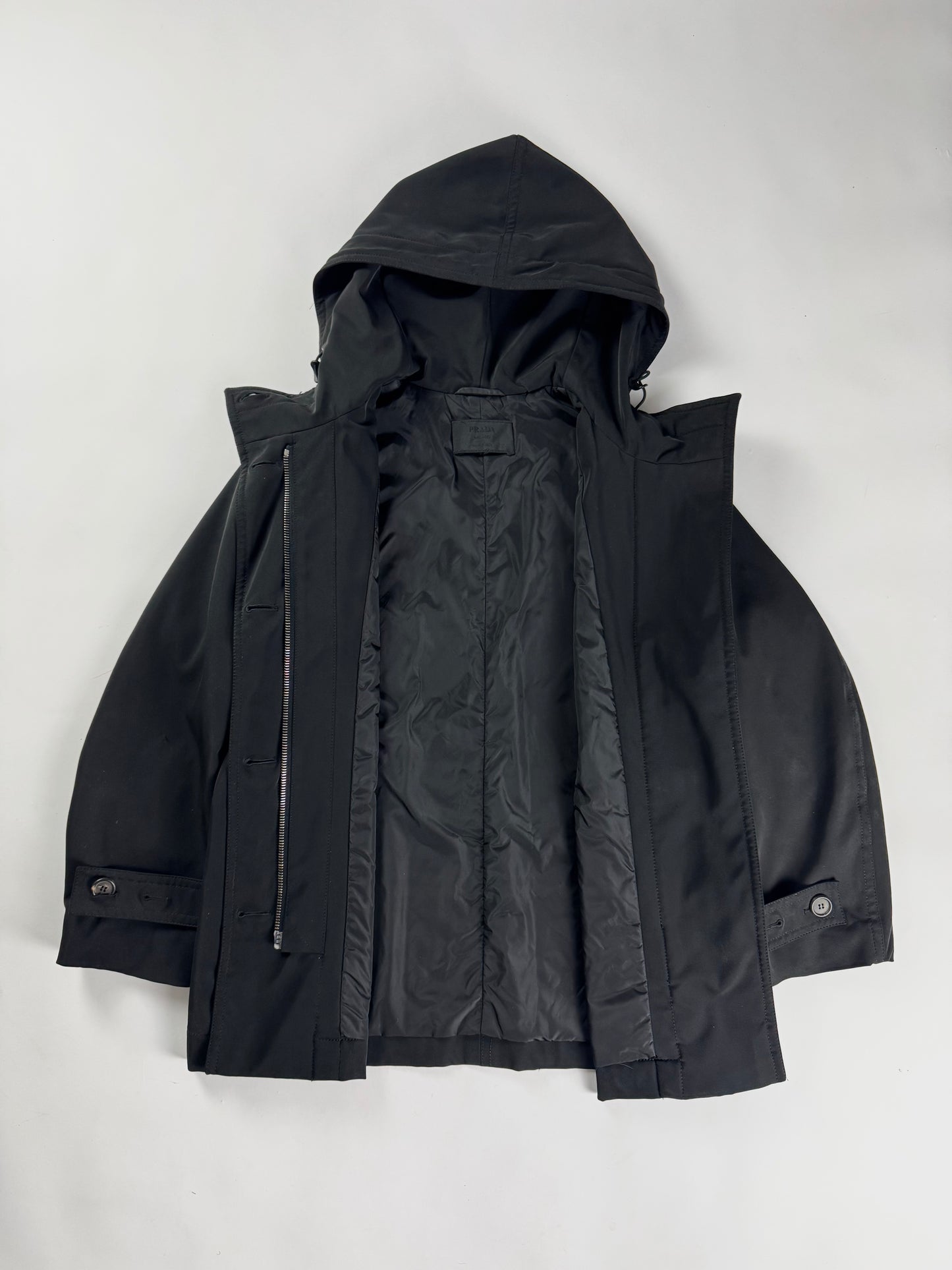 Prada Black Hooded Button Front Parka Coat 2000s - S