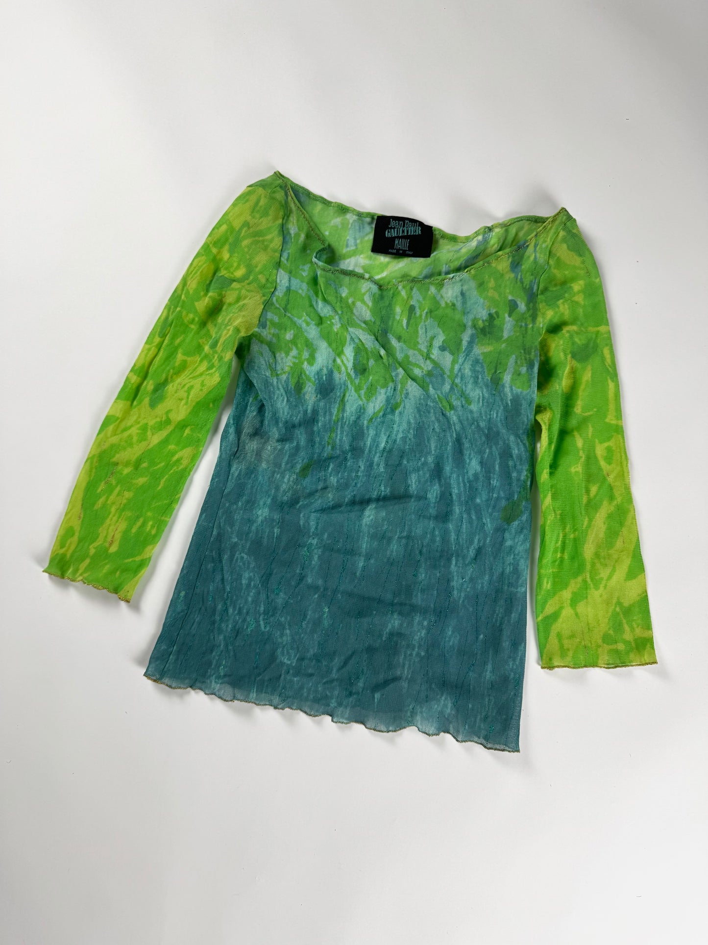 Jean Paul Gaultier Acid Green Teal Ombre Tie Dye Scoop Neck Lettuce Hem Mesh Top 2000s - S