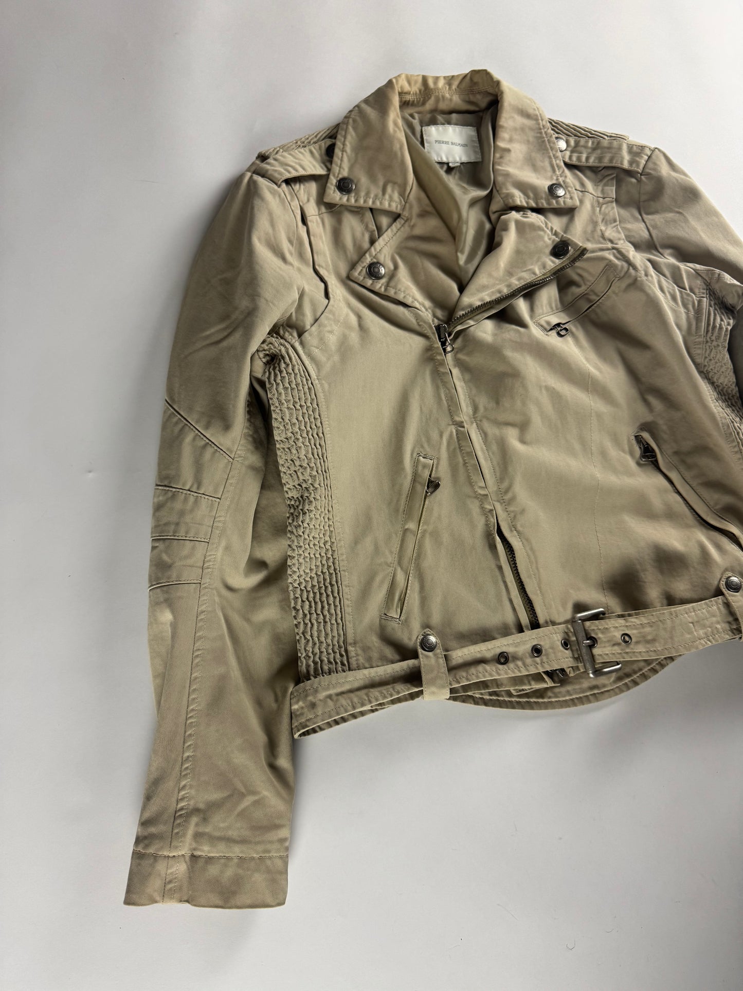 Balmain Tan Beige Belted Waist Biker Jacket 2010s - M