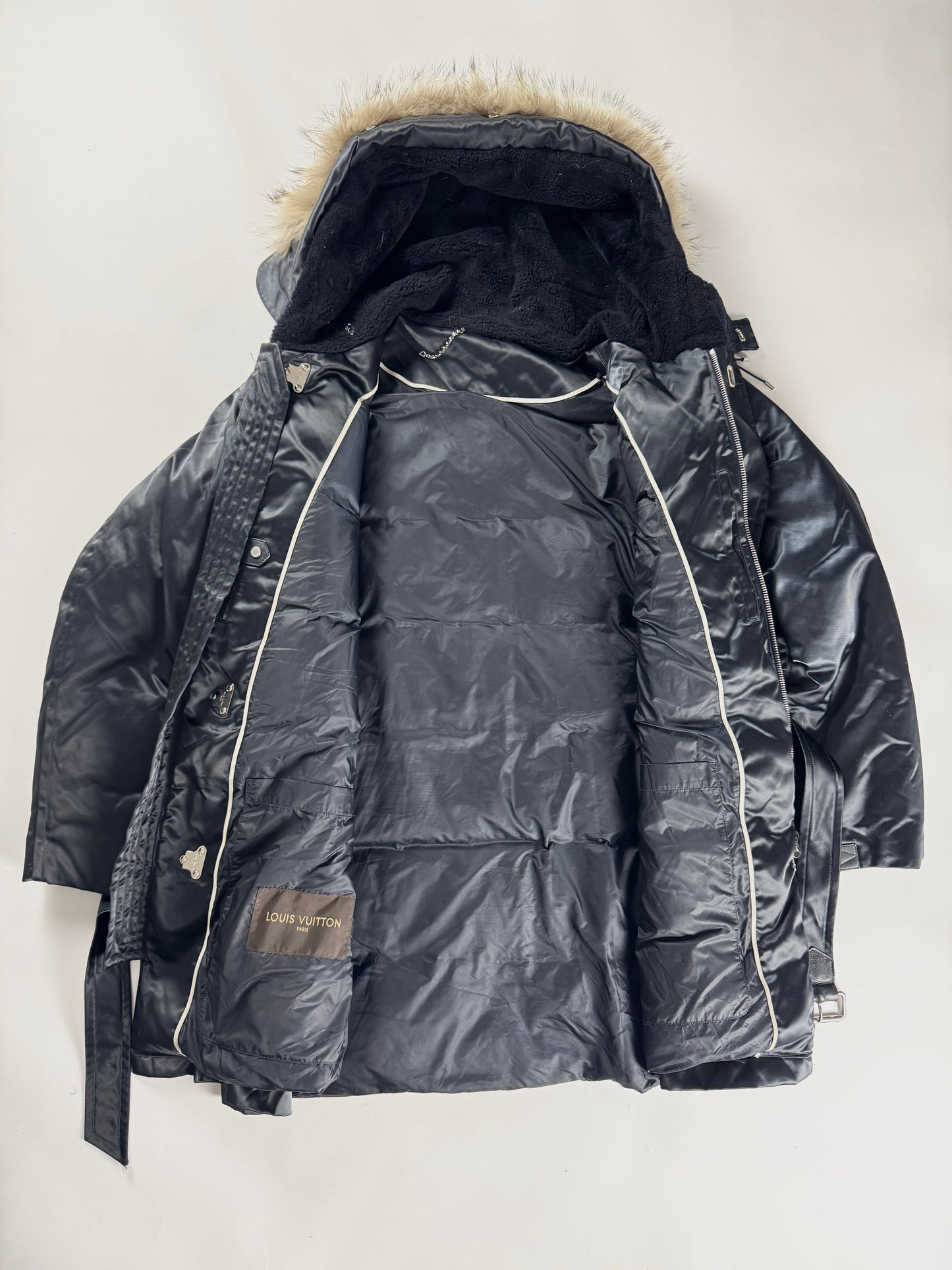 Louis Vuitton Dark Blue Goose Down Belted Parka Fur Hood Coat FW 2012 - XL