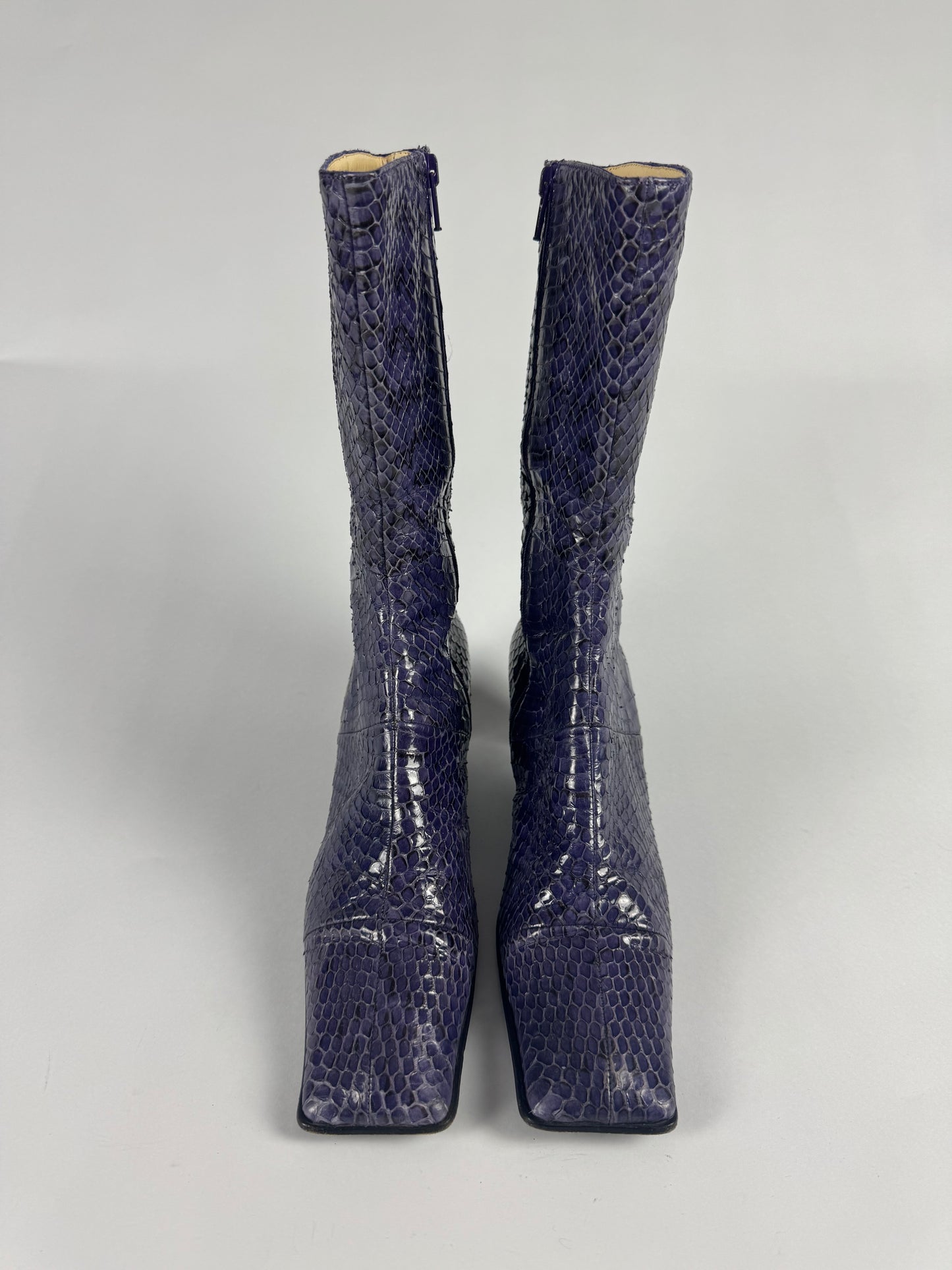 Miu Miu Snakeskin Tan Purple Python Square Toe Leather Boots FW 1999 - 38,5 IT/39,5 EU
