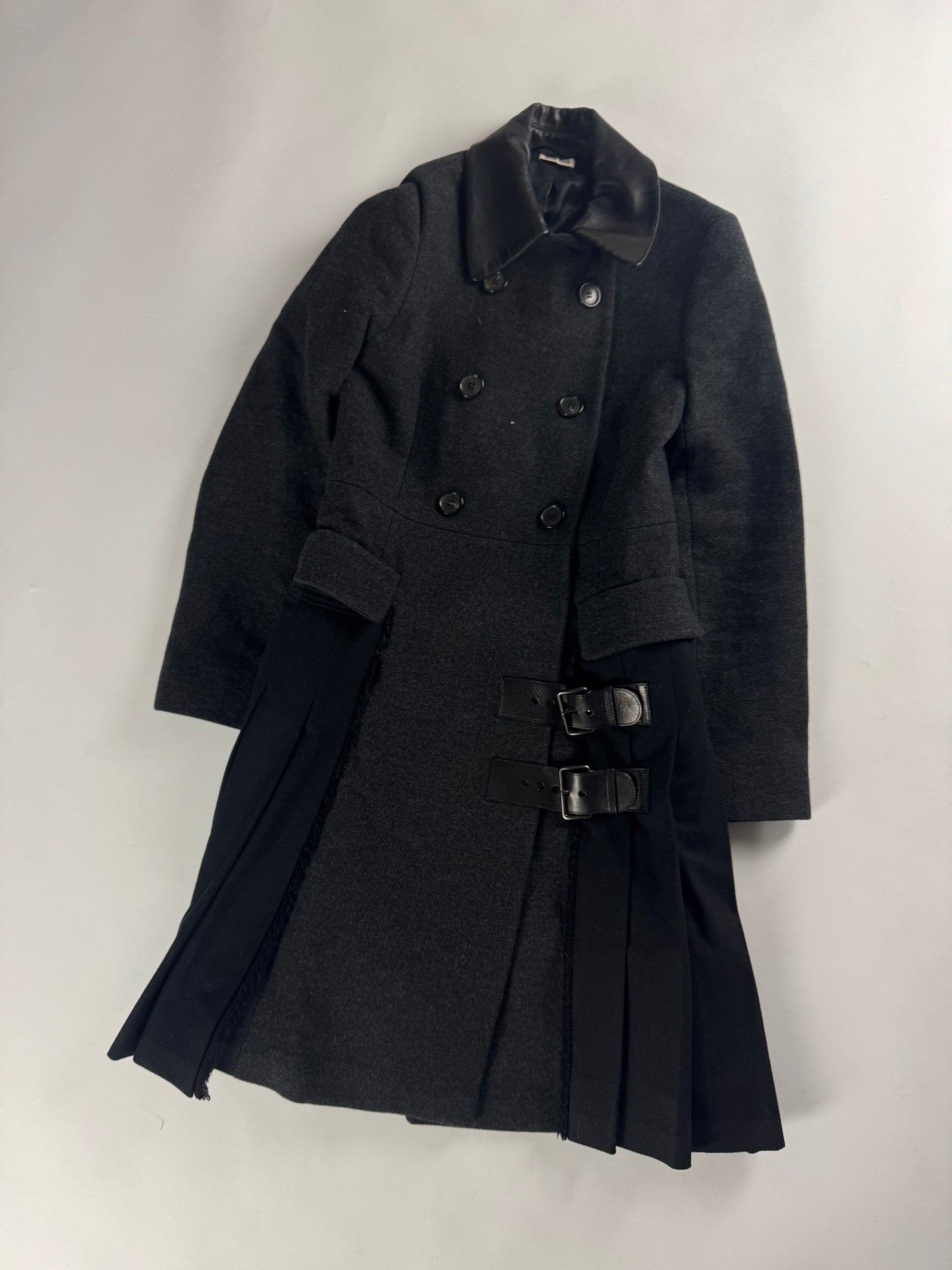 Miu Miu Structured Wool Pleated Hem Leather Collar Coat FW 2013 - XS