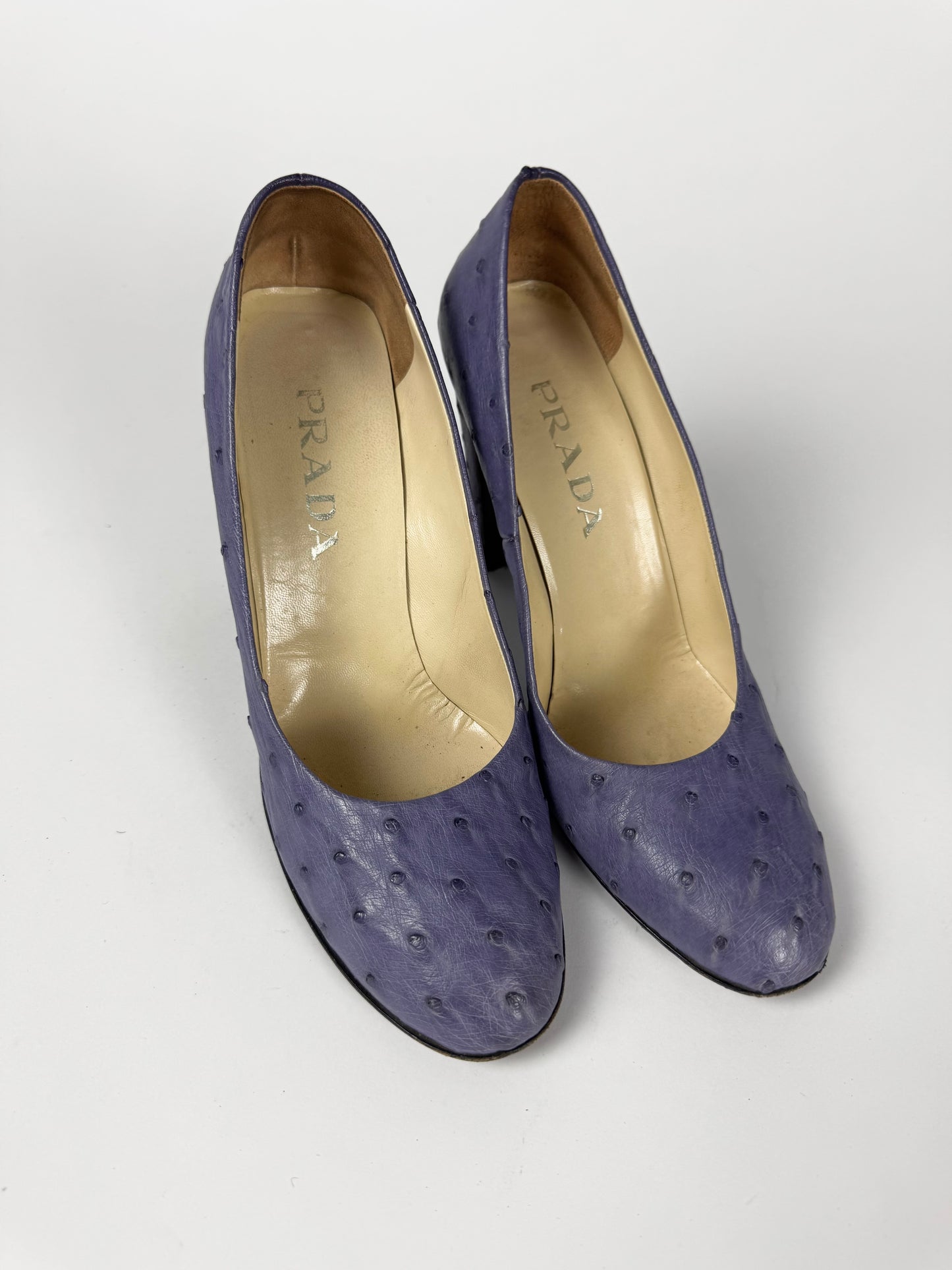 Prada Lila Ostrich Leather Curvy Mary Janes Heels SS 2000 - 39 IT/39,5 EU