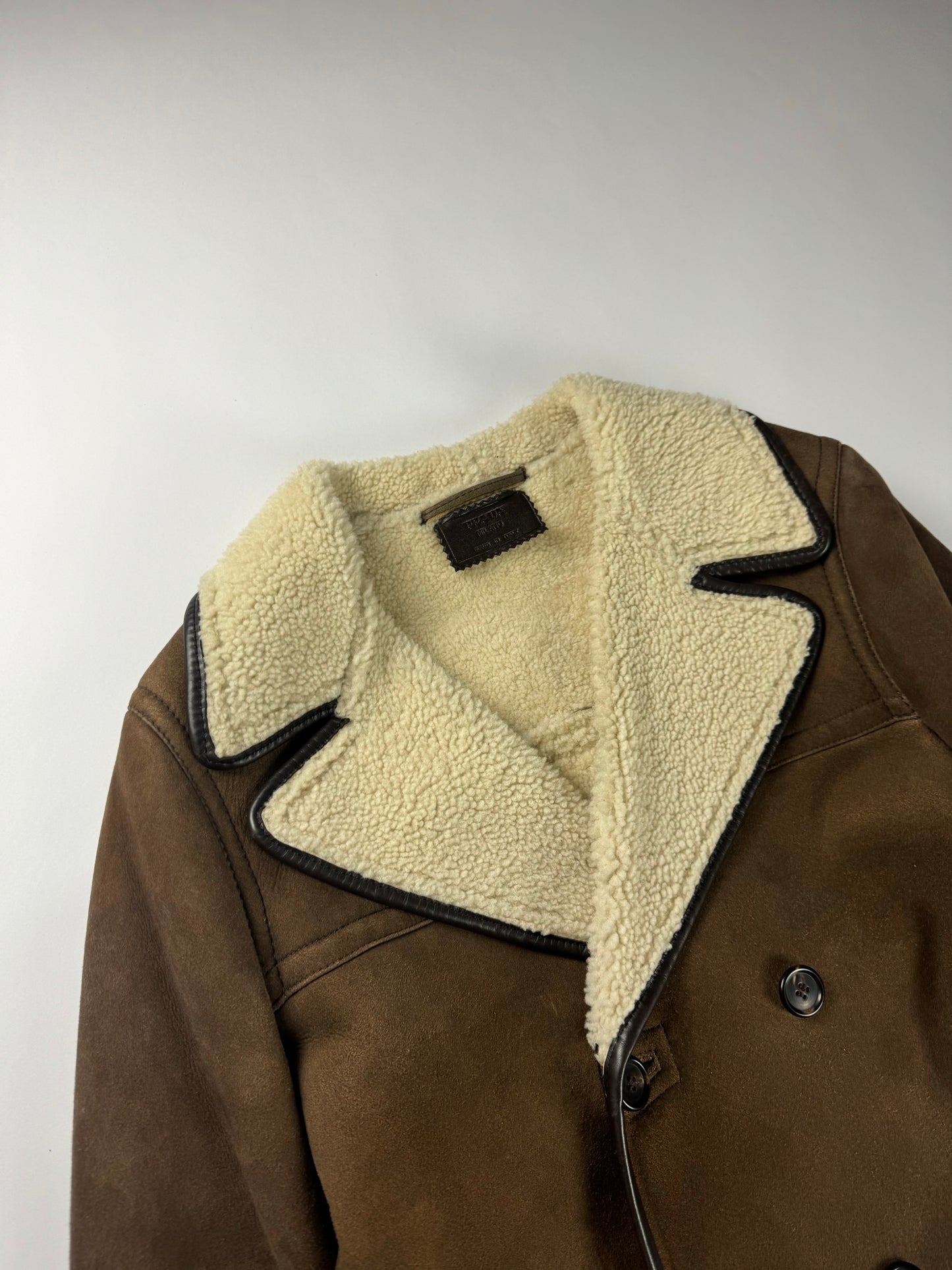 Prada Premium Leather Double Breasted Shearling Coat FW 2005 - M