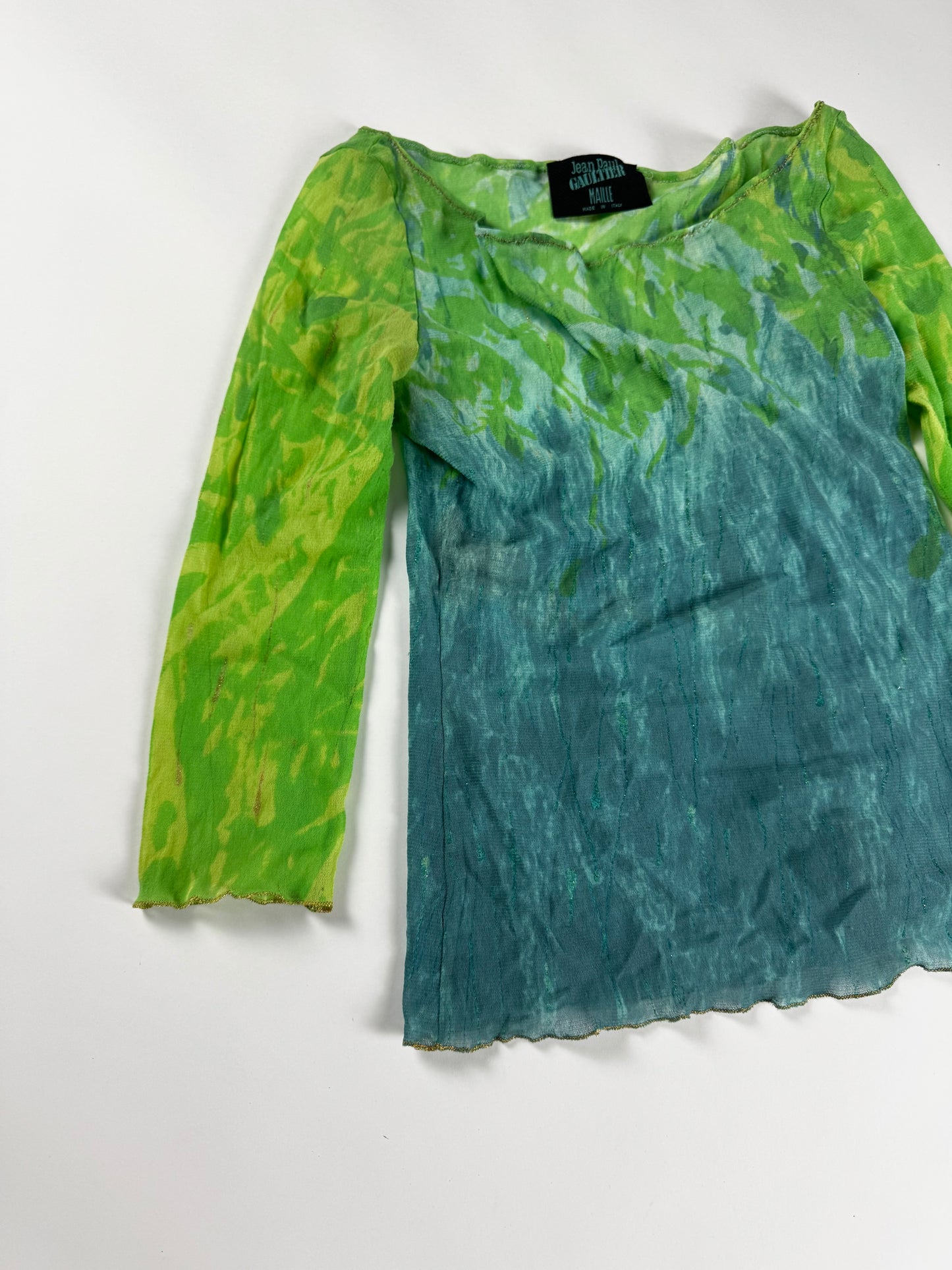 Jean Paul Gaultier Acid Green Teal Ombre Tie Dye Scoop Neck Lettuce Hem Mesh Top 2000s - S
