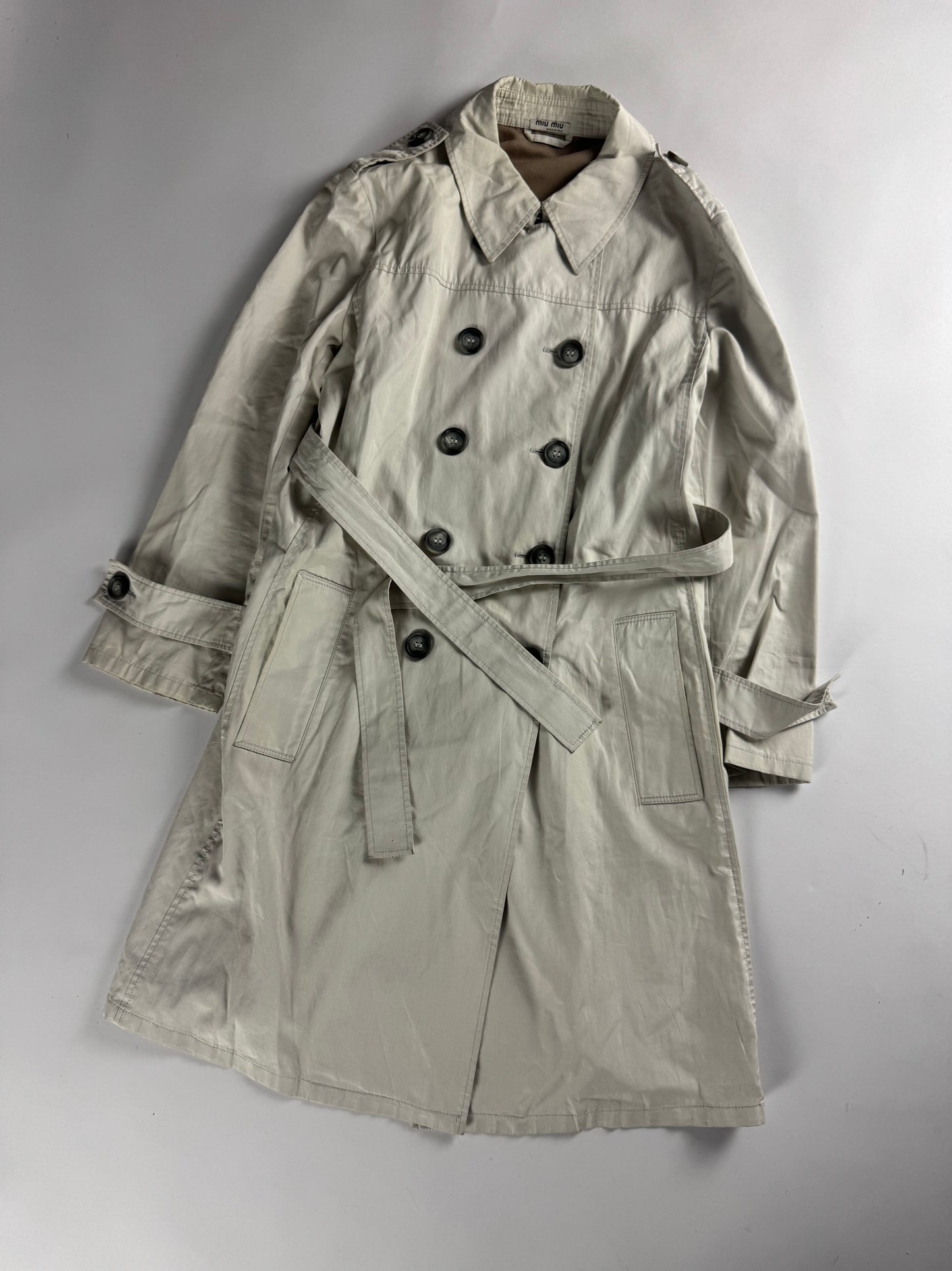 Miu Miu Light Grey Belted Trench Coat 2000s - S