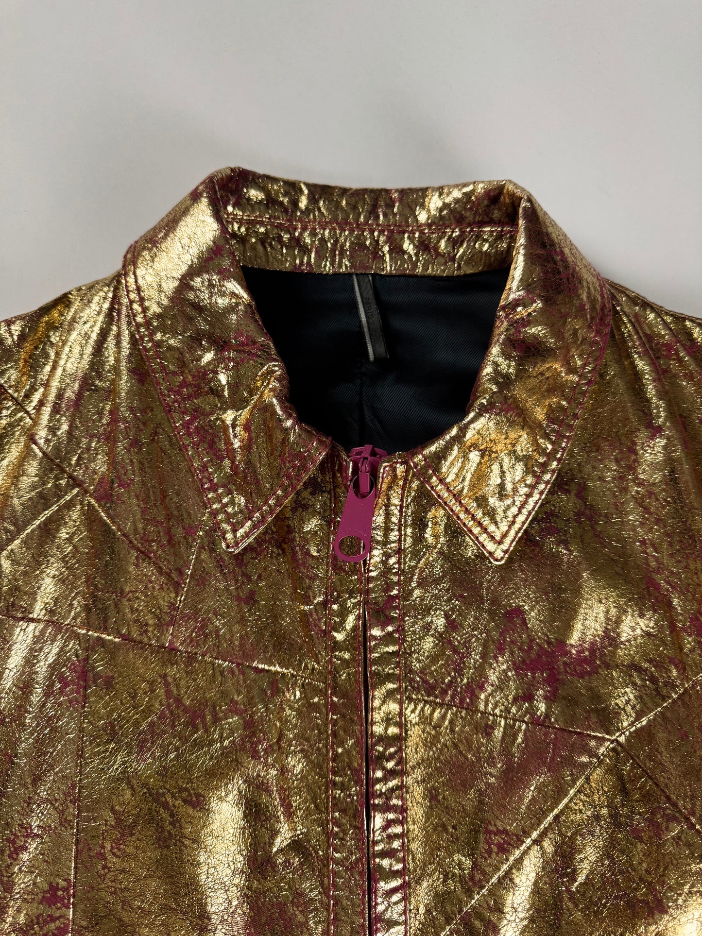 Dior Homme Sample Oro Fluxia Gold Crinkled Metallic Fuchsia Zip Trim Leather Sleeveless Jacket SS 2009 - M
