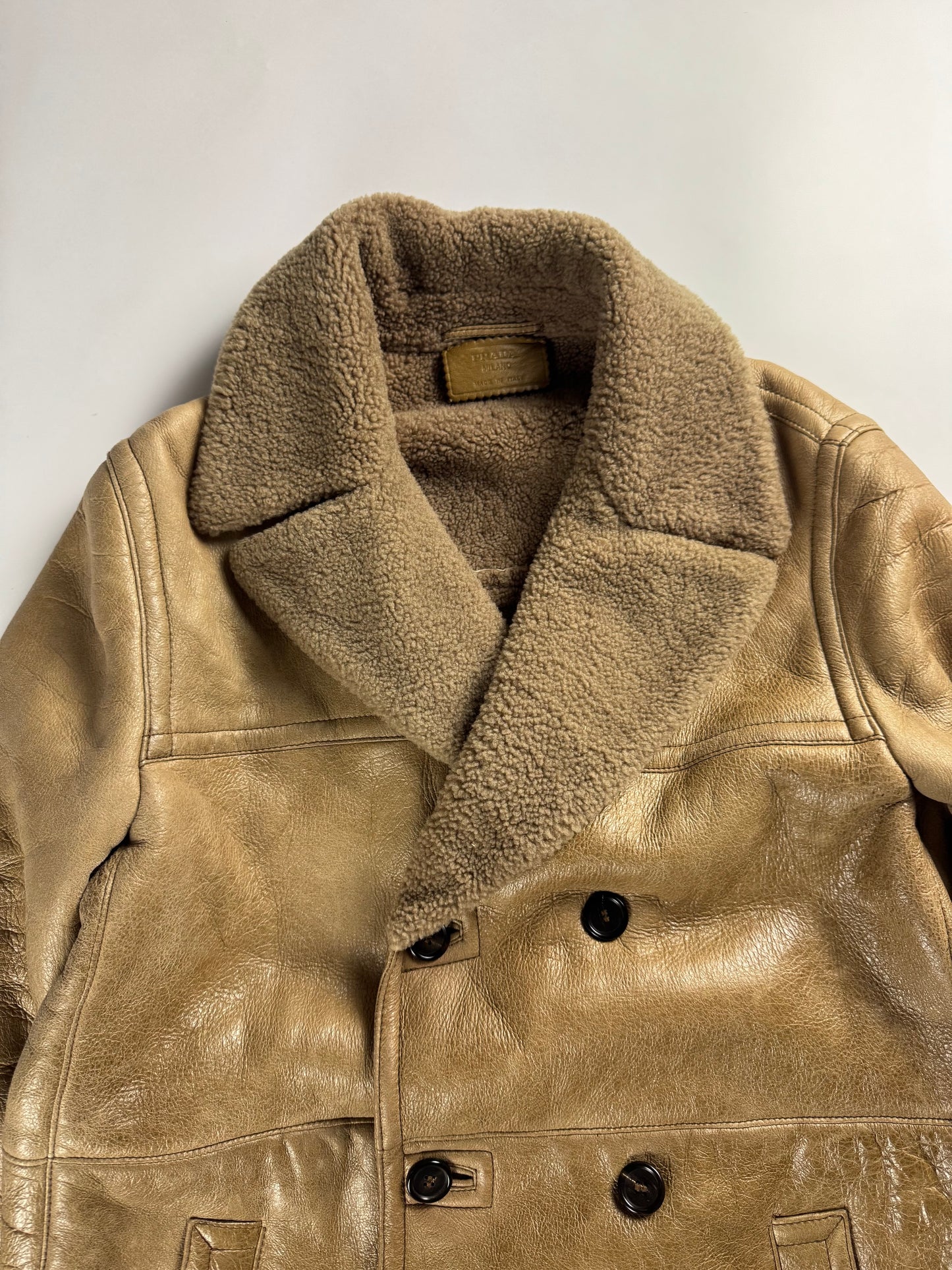 Prada Cream Tan Brown Double Breasted Shearling Leather Coat FW 2006 - L