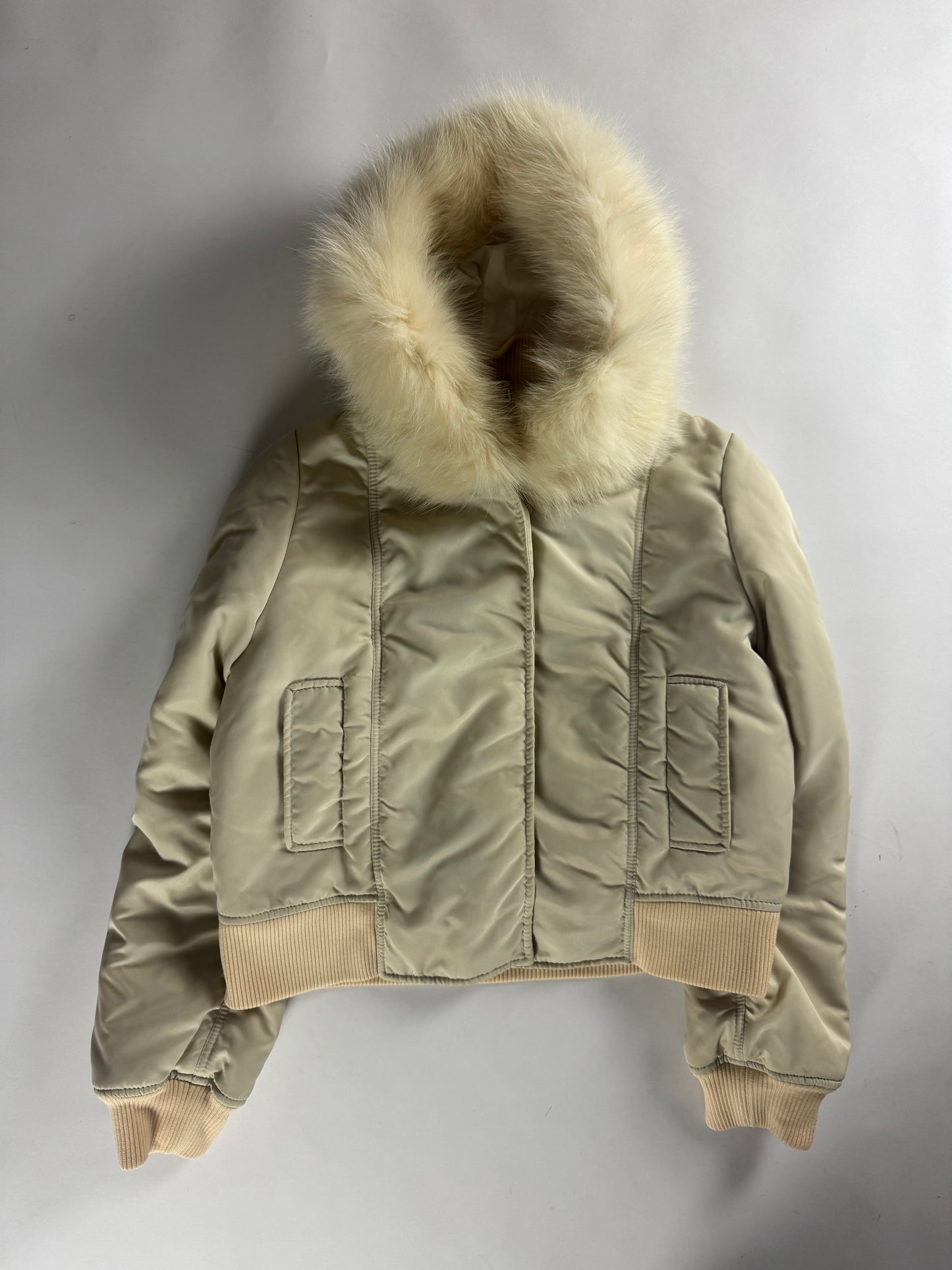 Miu Miu Cropped Cream Fur Hood Puffer Jacket 2000s - S
