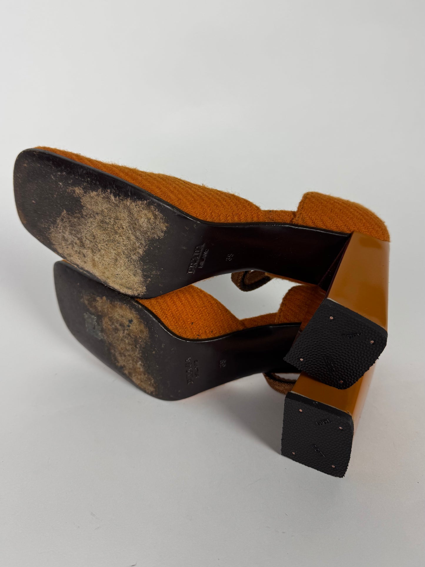 Prada Strapped Orange Mary Jane Tweed Heels FW 1999 - 39 IT/39,5 EU