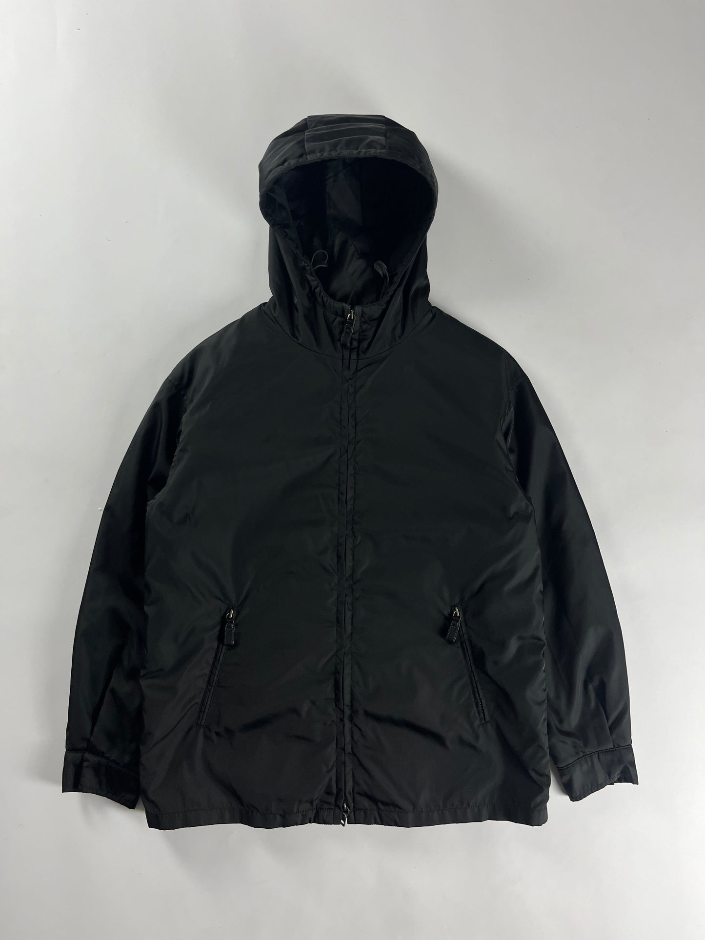 Prada Minimalist Black Nylon Double Zip Hooded Jacket 2000s - S