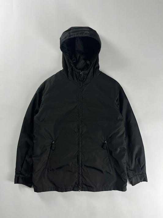 Prada Minimalist Black Nylon Double Zip Hooded Jacket 2000s - S