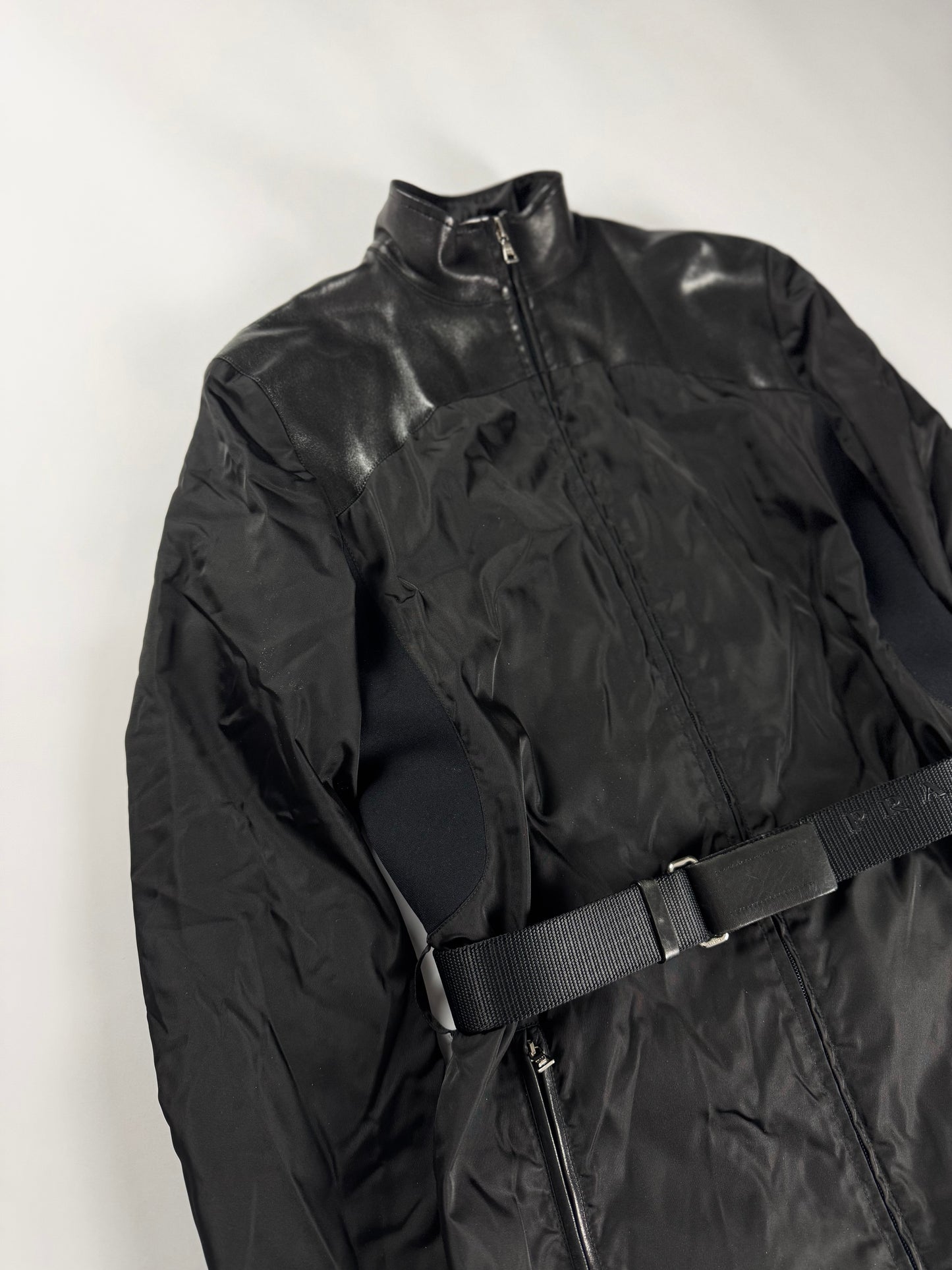 Prada Leather Shoulder Detail Strapped Belted Nylon Hooded Coat FW 1999 - S