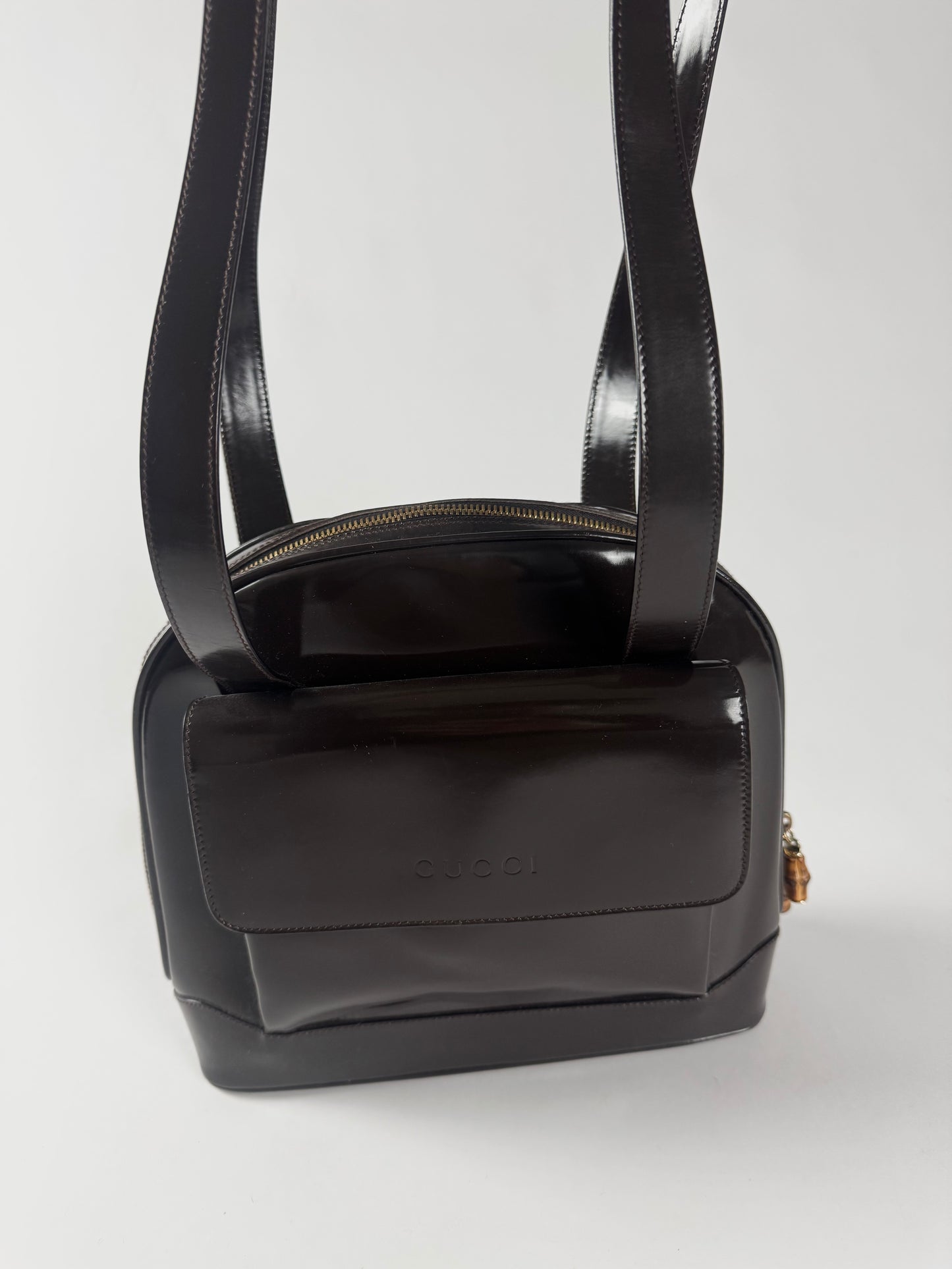Gucci Brown Leather Patent Bamboo Shoulder Bag 1990s - OS