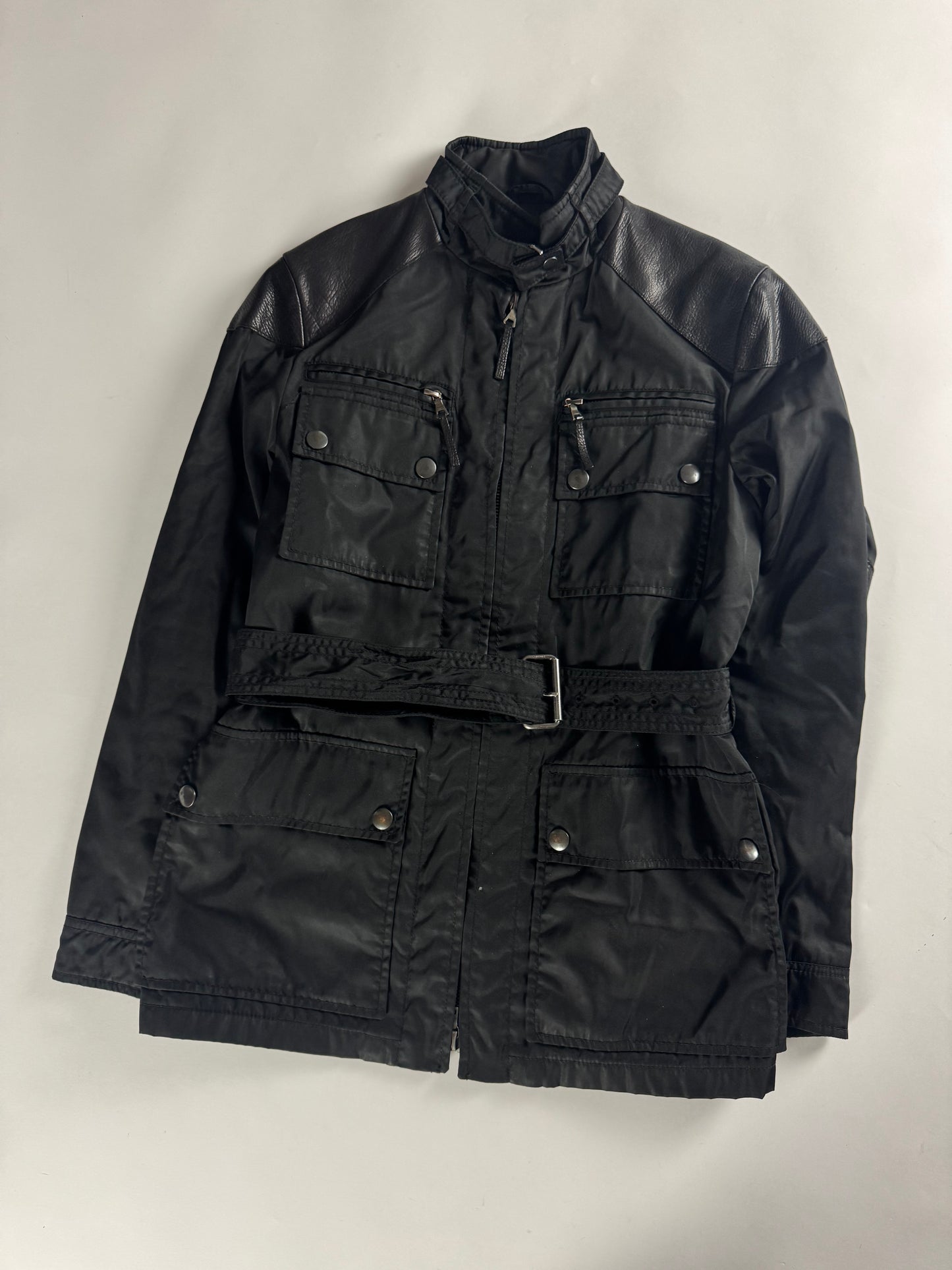 Prada Leather Shoulder Patched Nylon Belt Jacket 2000s - S