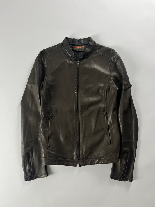 Prada Brown Leather Biker Jacket 2000s - XS