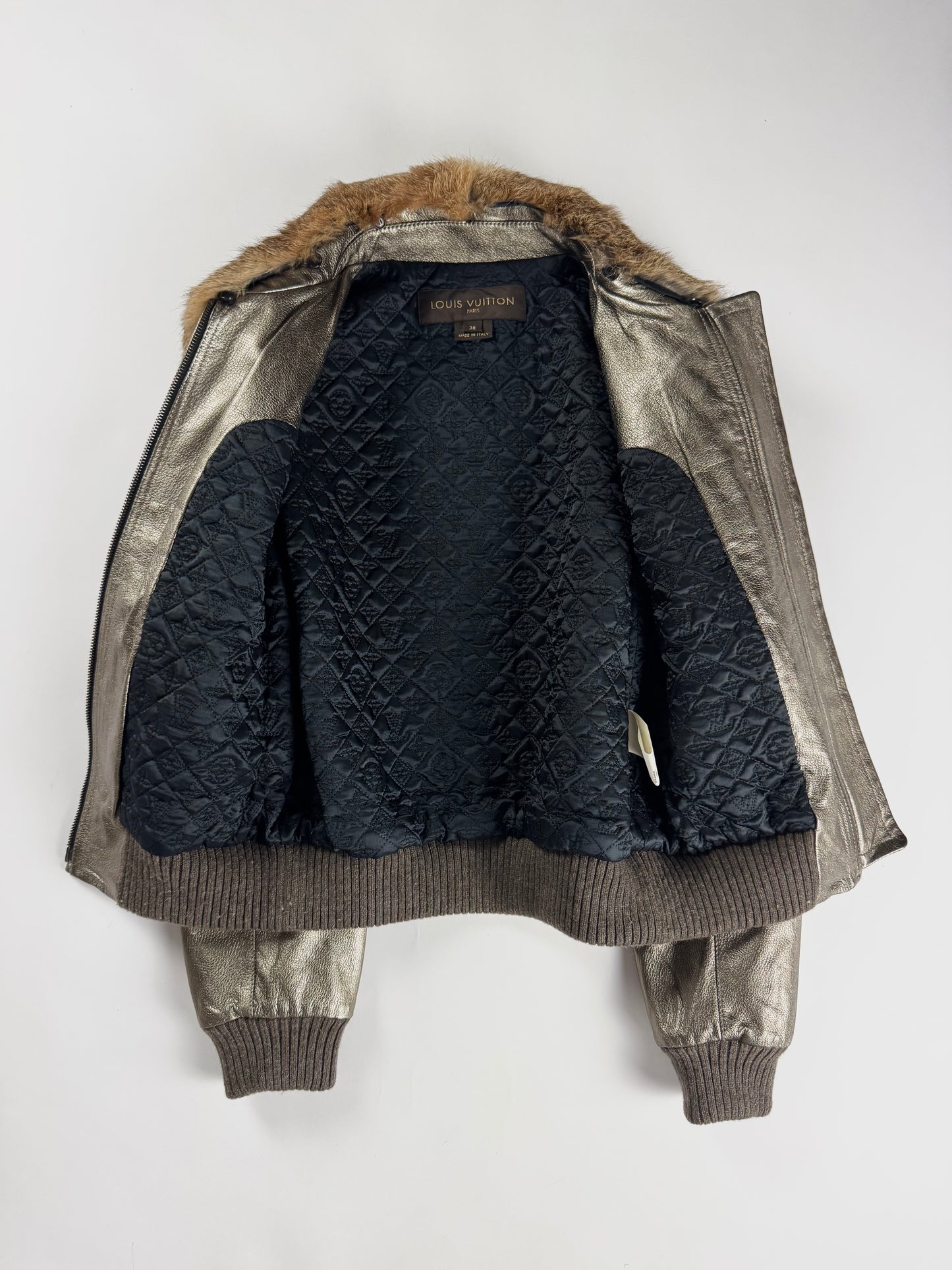 Louis Vuitton Metallic Bronze Leather Fur Collar Gold Hardware Ribbed Trim Bomber Jacket FW 2008 - S