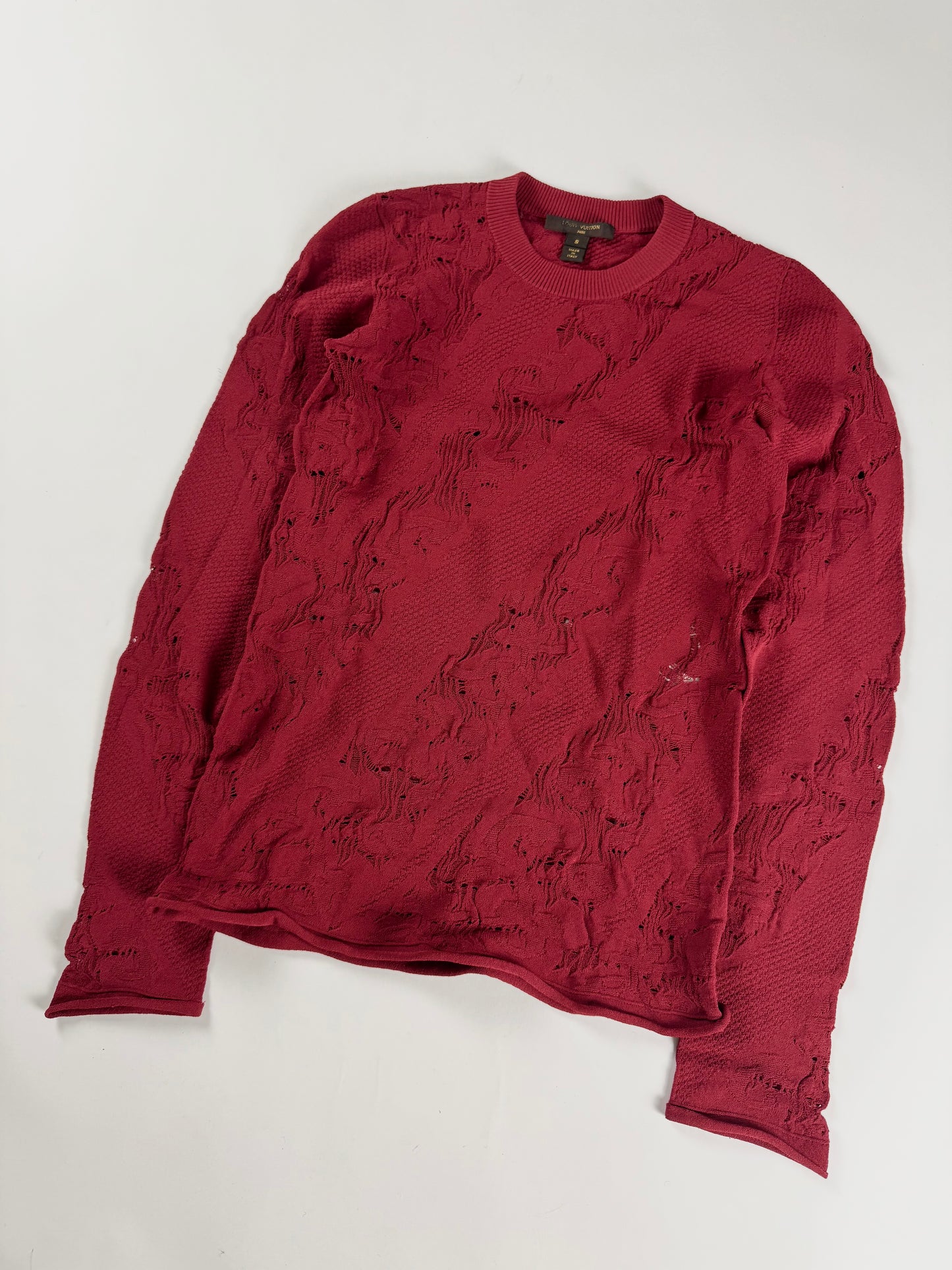 Louis Vuitton Dentelle Burgundy Red Distressed Lace Knit Crewneck Sweater FW 2016 - S