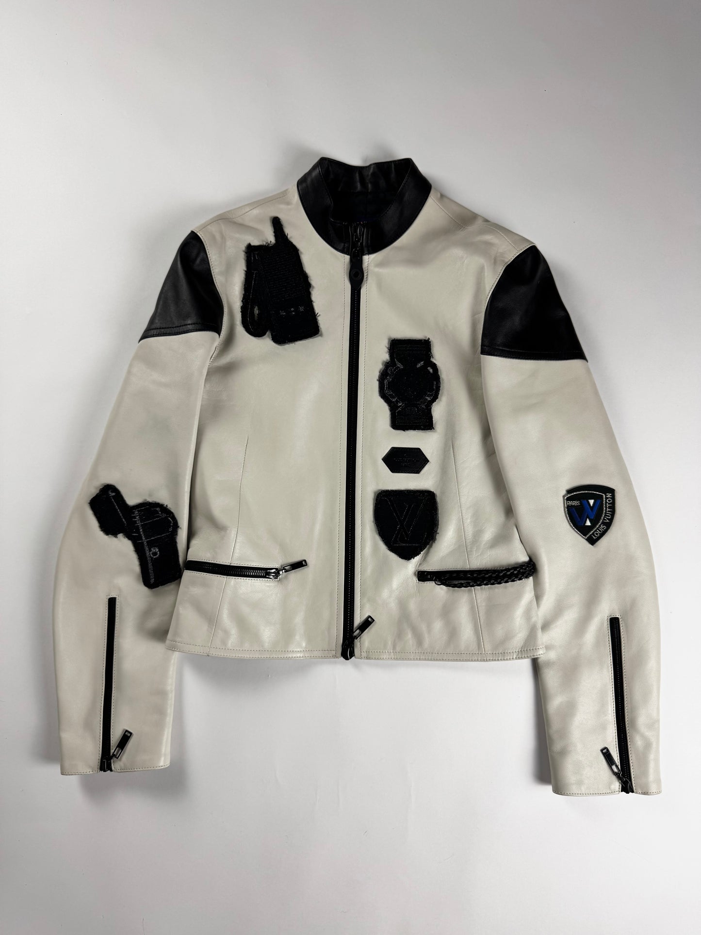 Louis Vuitton Sample White Leather Black Multi Patch Logo Badge Racer Jacket FW 2017 - S