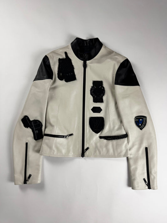 Louis Vuitton Sample White Leather Black Multi Patch Logo Badge Racer Jacket FW 2017 - S