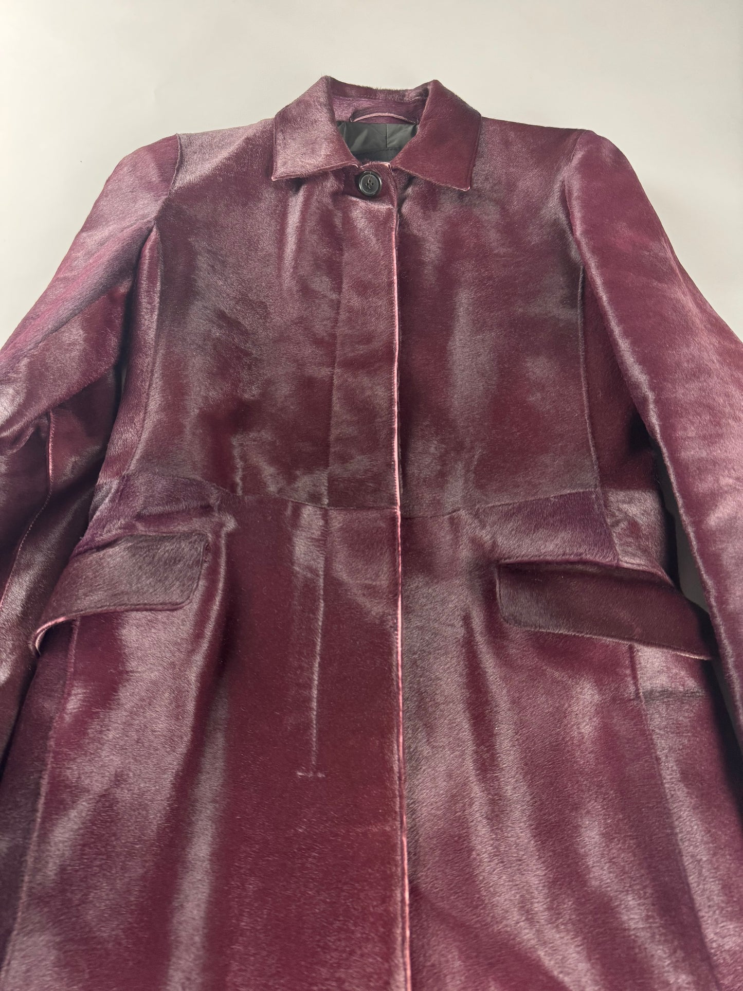Prada Wine Bordeaux Leather Belted Pony Hair Leather Coat FW 2000 - XS