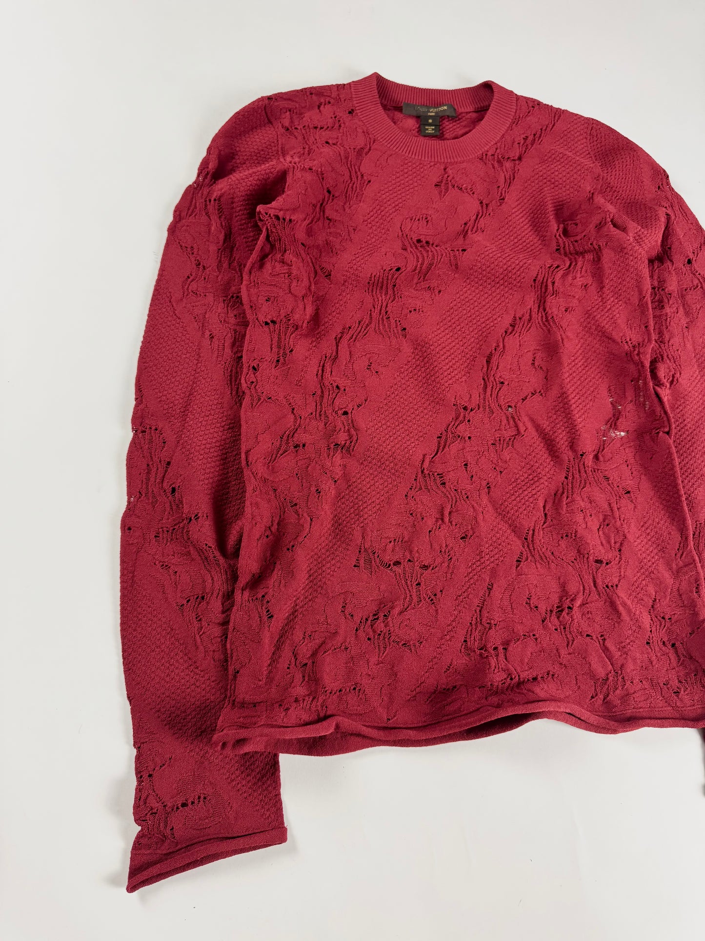Louis Vuitton Dentelle Burgundy Red Distressed Lace Knit Crewneck Sweater FW 2016 - S