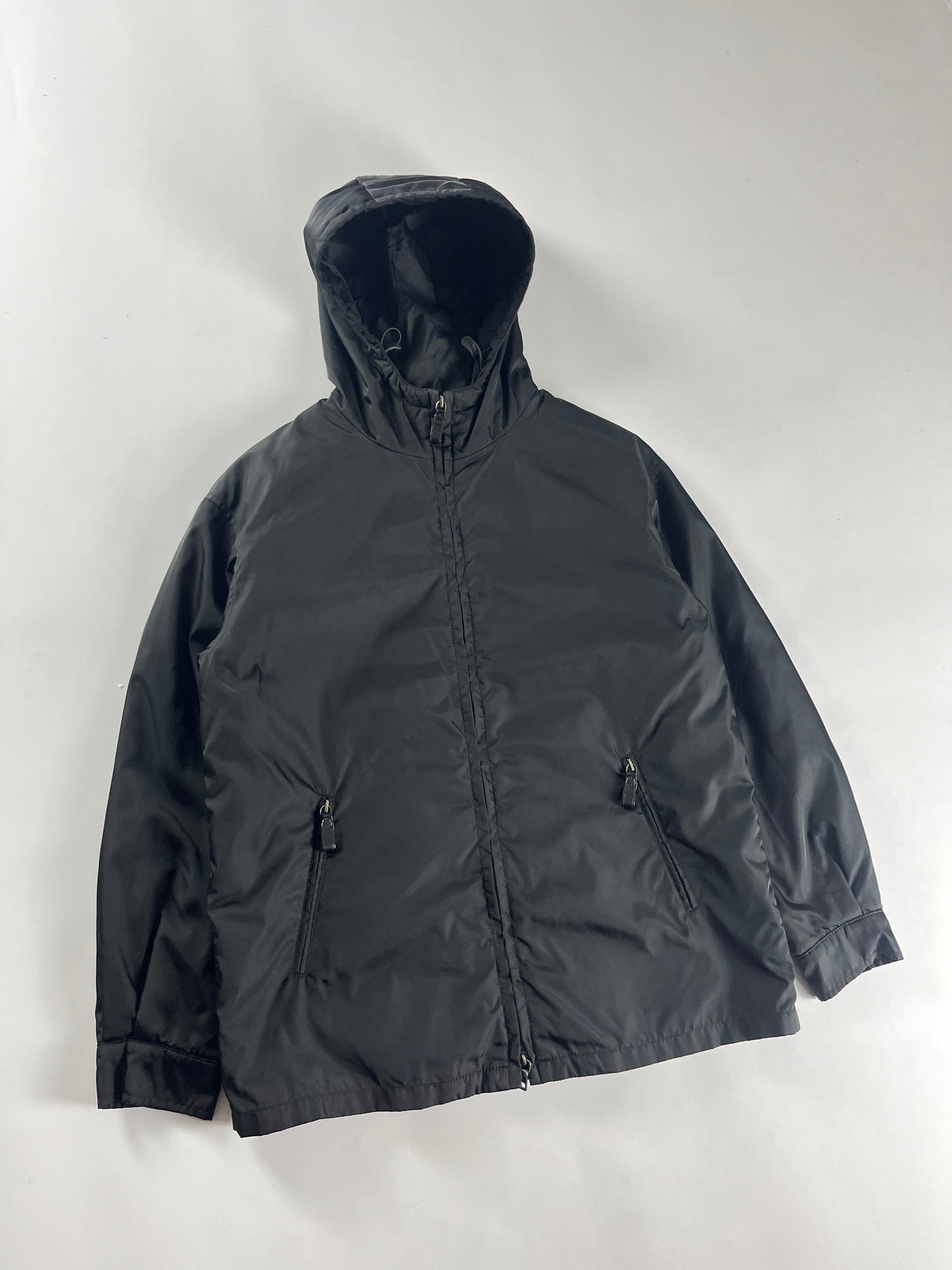 Prada Minimalist Black Nylon Double Zip Hooded Jacket 2000s - S