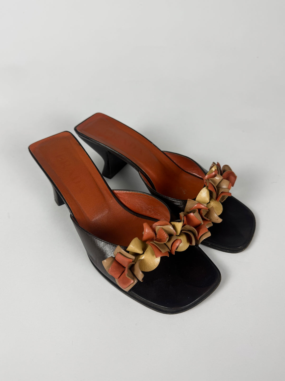 Prada Leather Floral Embellishment Square Toe Heel Mules 1990s - 38 IT/39 EU