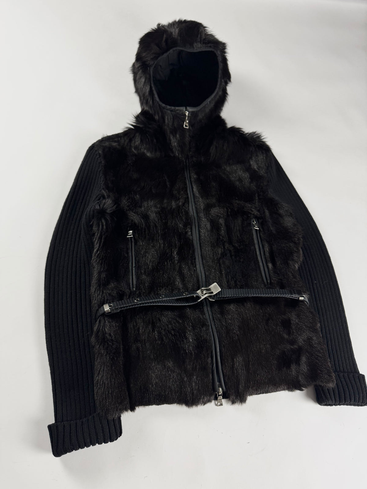 Prada Hooded Kid Fur Balaclava Wool Belted Jacket FW 1999 - S