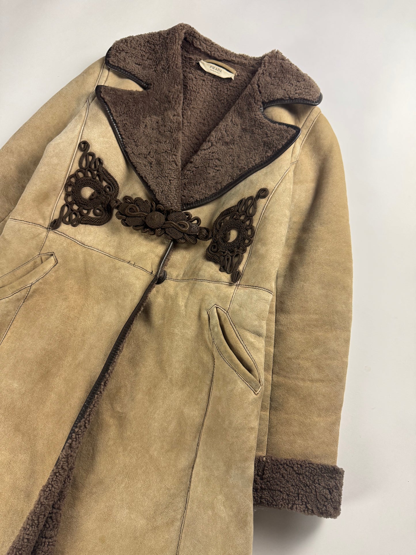 Prada Shearling Embroidered Frog Closure Sheepskin Collar Coat FW 2005 - S
