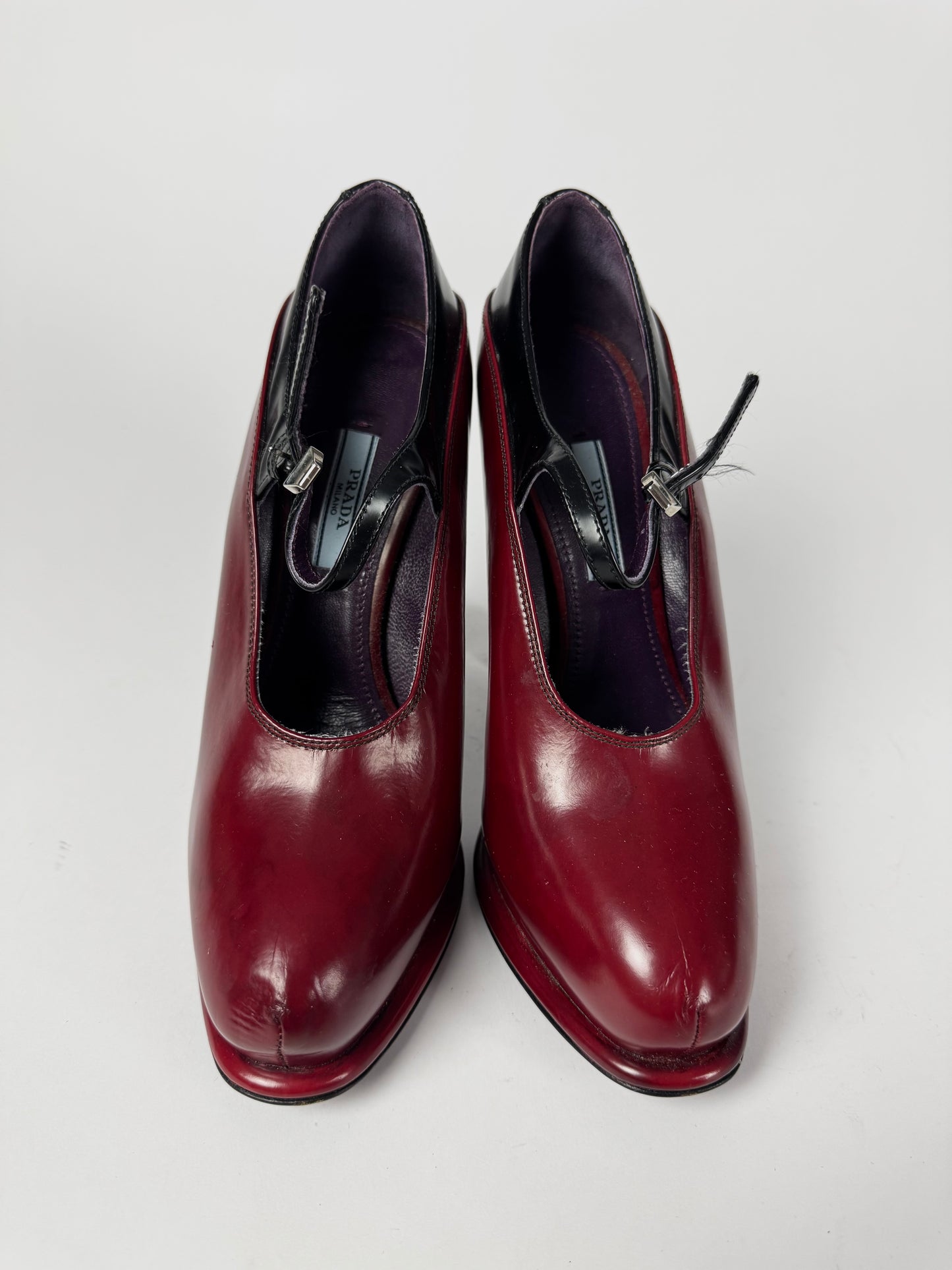 Prada Dipped Red Burgundy High Platform Mary Jane Round Toe Heels FW 2012 - 38 IT/38,5 EU
