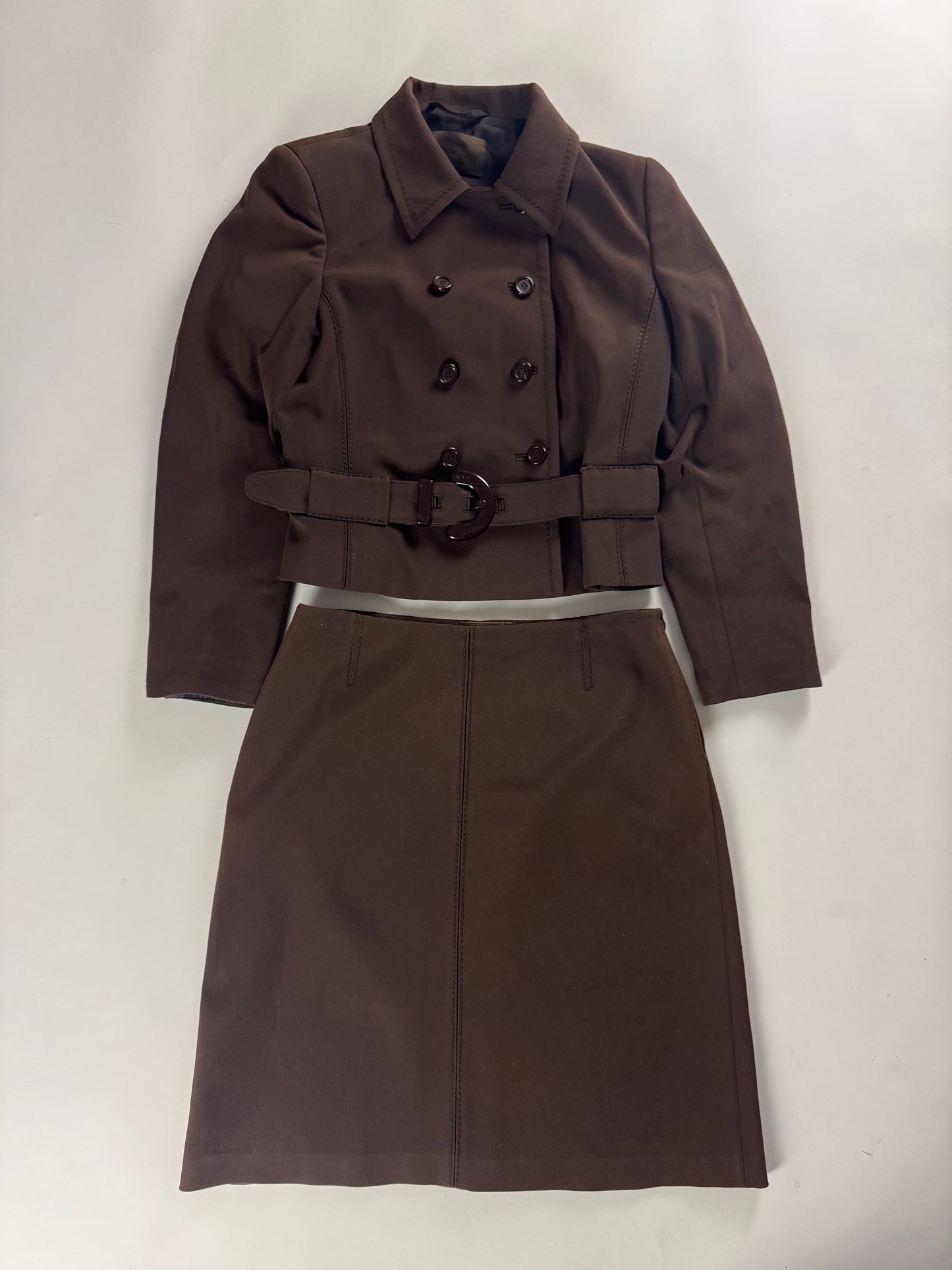 Prada Brown Elegant Cropped Belted Jacket Skirt Set FW 1996 - S