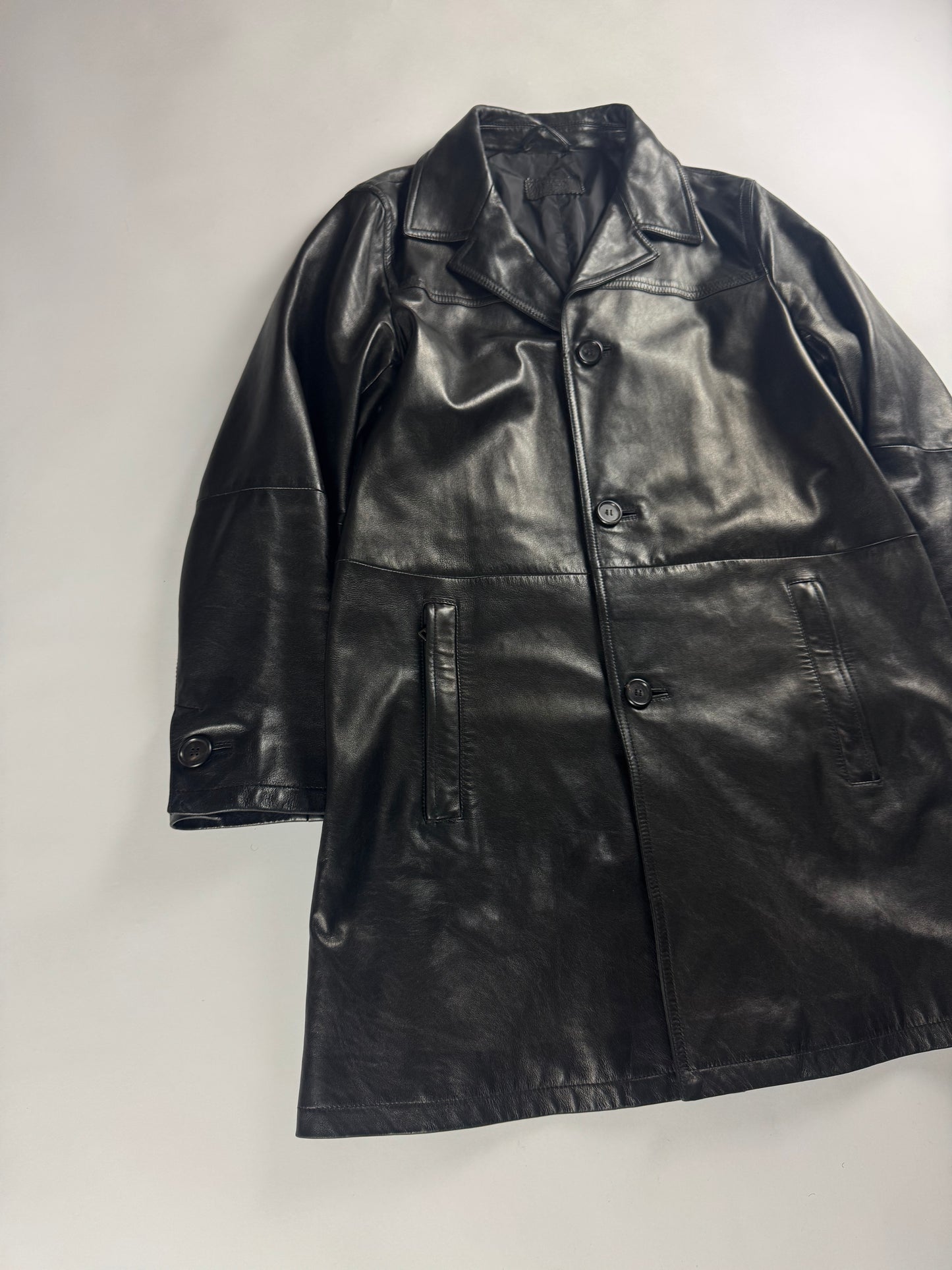 Prada Pure Black Buttoned Minimalist Leather Long Coat FW 2001 - L