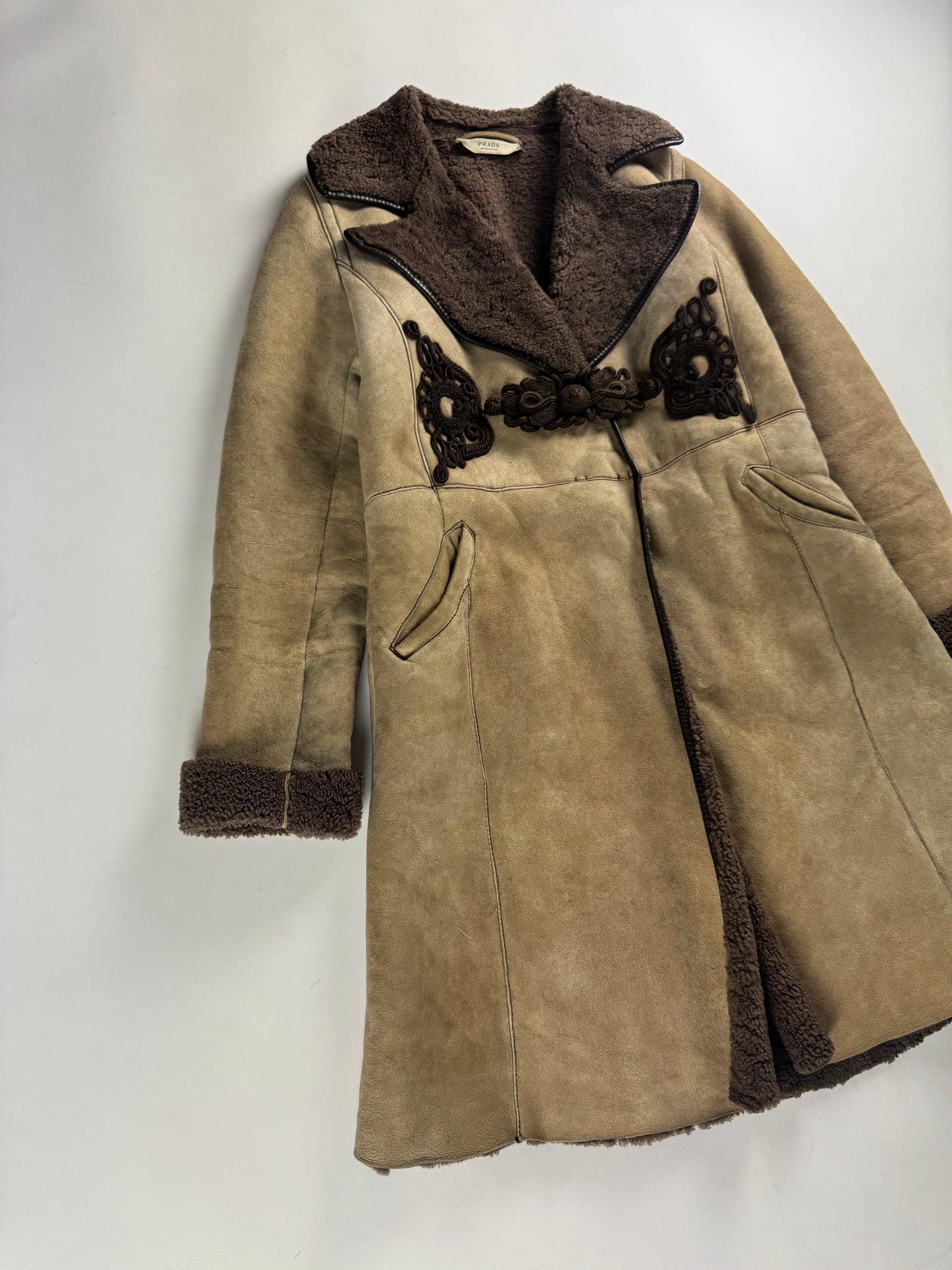 Prada Shearling Embroidered Frog Closure Sheepskin Collar Coat FW 2005 - S