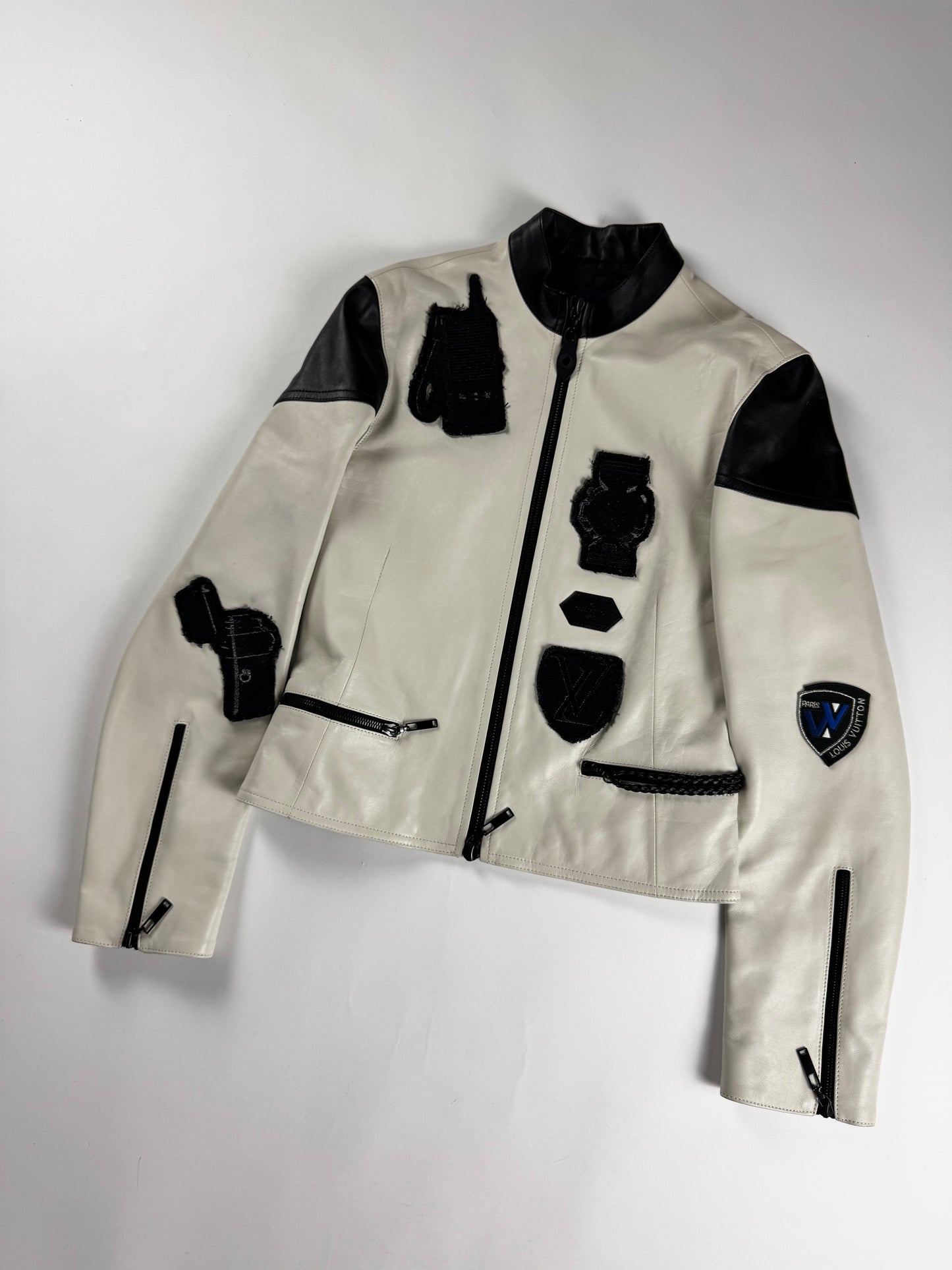 Louis Vuitton Sample White Leather Black Multi Patch Logo Badge Racer Jacket FW 2017 - S