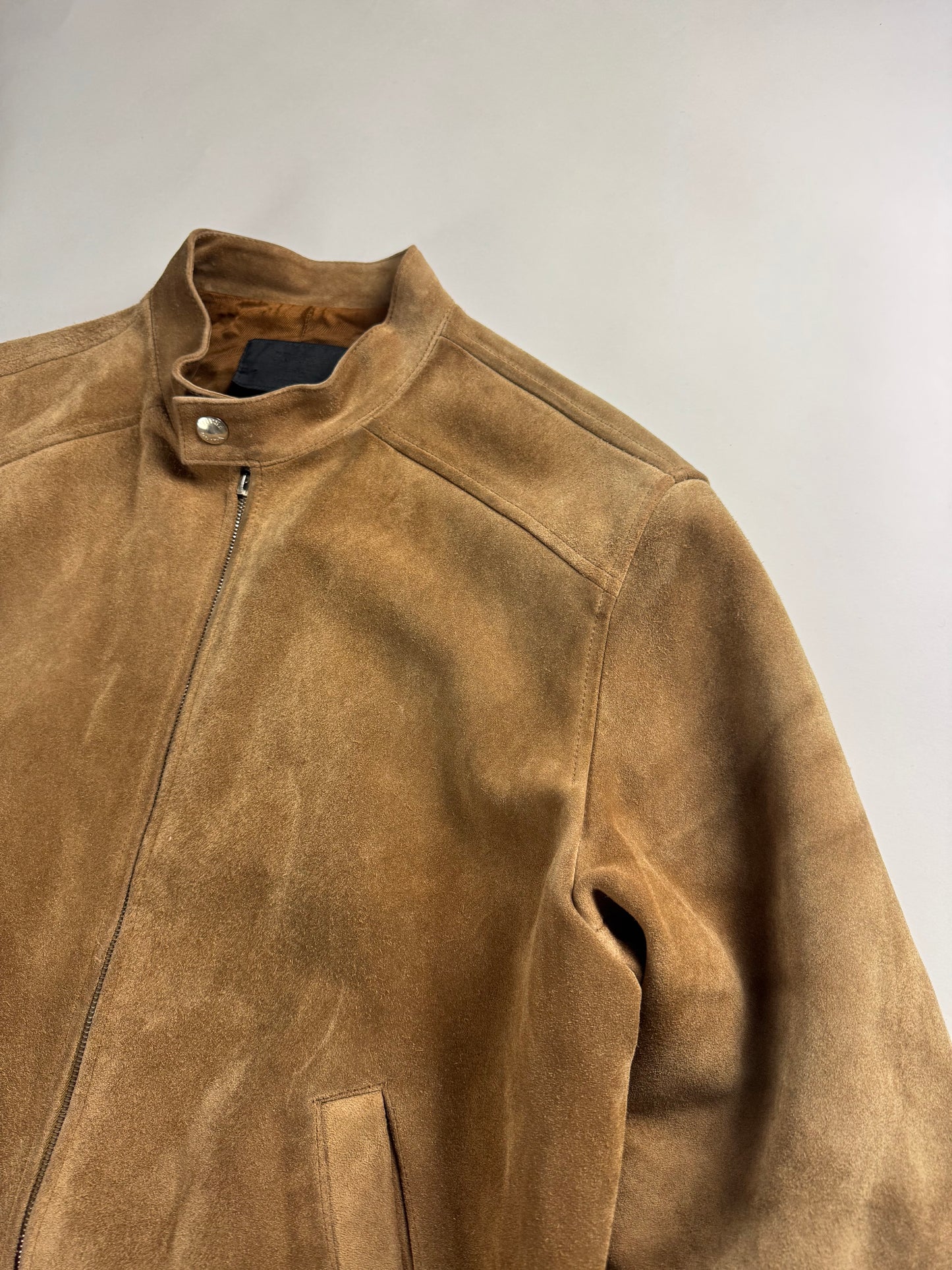 Prada Sample Tan Brown Suede Leather Zipper Moto Jacket FW 1996 - M