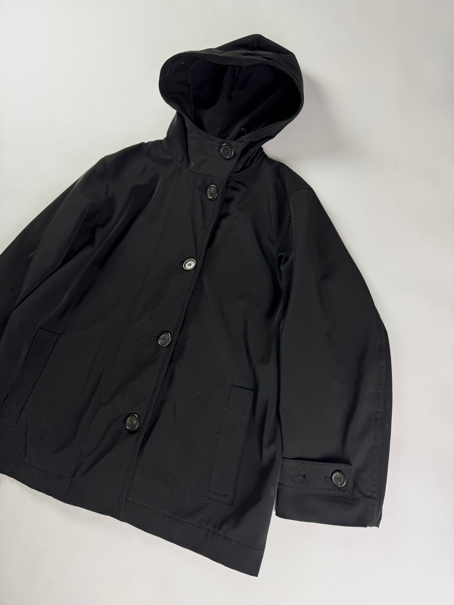 Prada Black Hooded Button Front Parka Coat 2000s - S