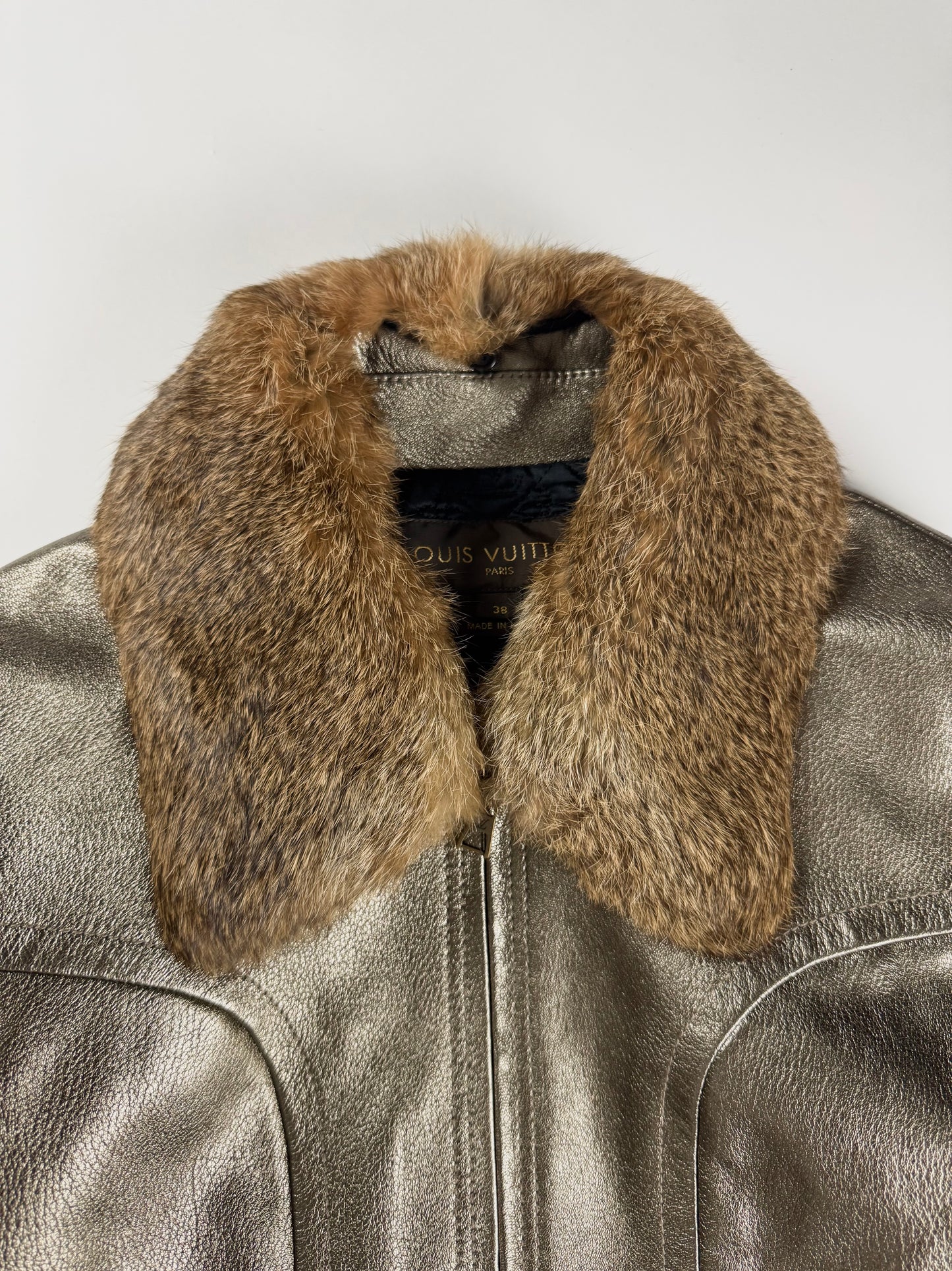 Louis Vuitton Metallic Bronze Leather Fur Collar Gold Hardware Ribbed Trim Bomber Jacket FW 2008 - S