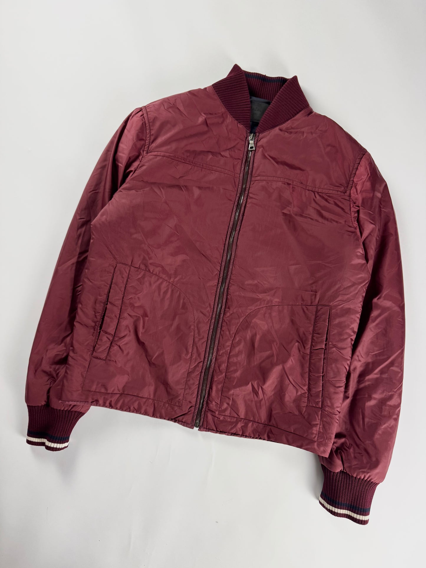 Prada Burgundy Nylon Striped Knit Cuffs Zip Front Bomber Jacket 2010s - M