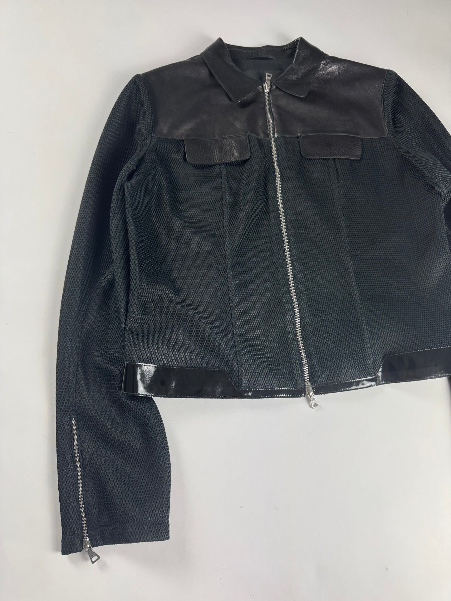 Prada Black Mesh Leather Duo Moto Jacket SS 1999 - S