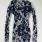 Jean Paul Gaultier Navy Rose Print Twist Knot Front Plunging Neckline Blue Mesh Top 2000s - S