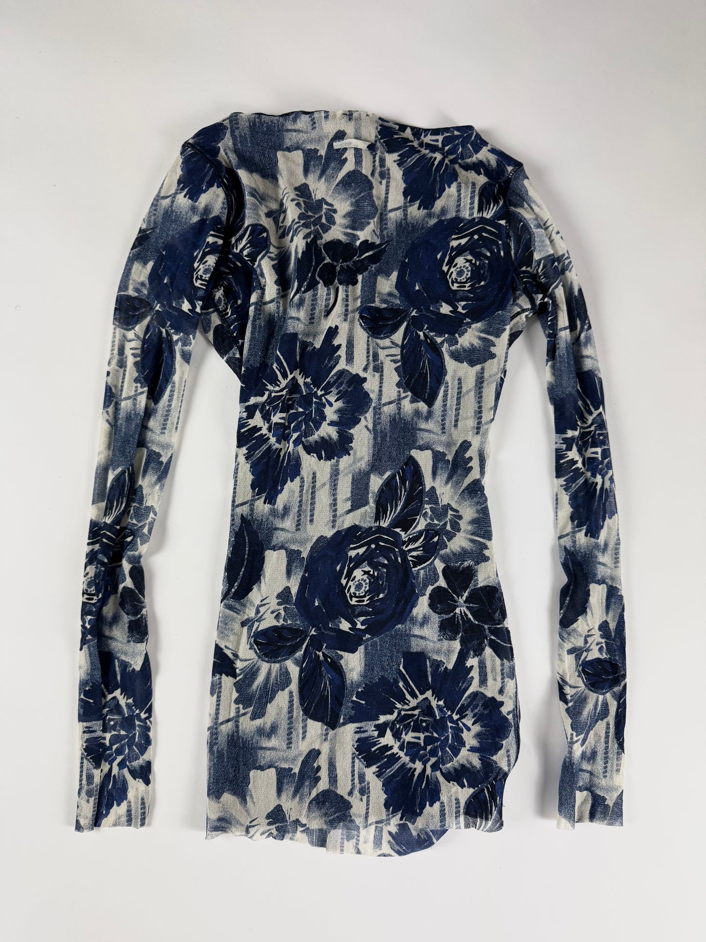 Jean Paul Gaultier Navy Rose Print Twist Knot Front Plunging Neckline Blue Mesh Top 2000s - S