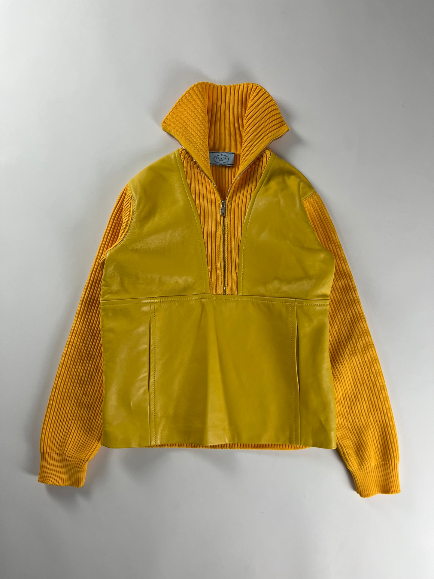 Prada Yellow Leather Ribber Turtleneck Half Zipper FW 2018 - S