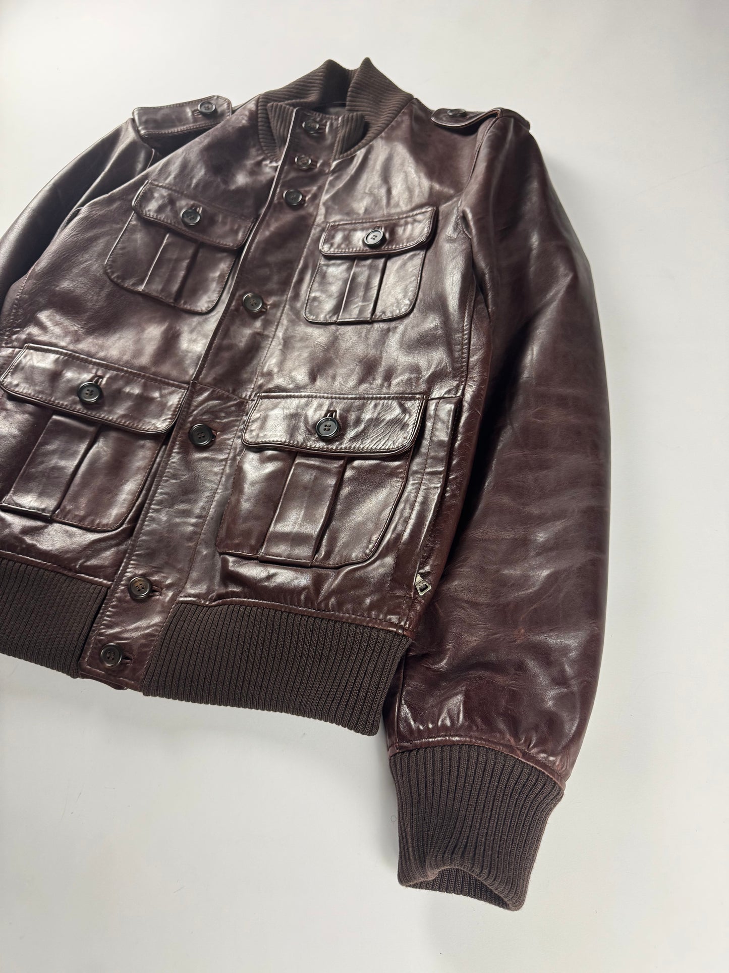 Prada Marlboro Brown Multi Pocket Leather Bomber Jacket FW 2008 - M