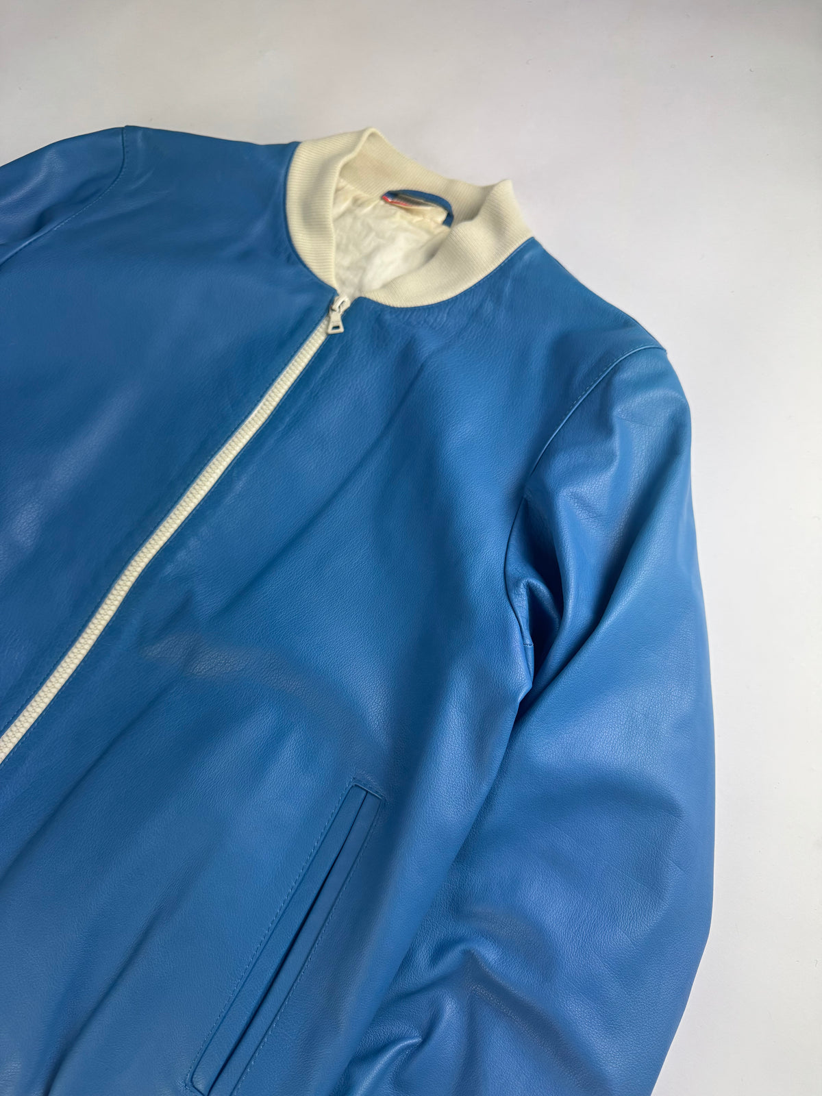 Prada Electric Blue Leather Varsity Bomber Jacket Challenge 2003 - M