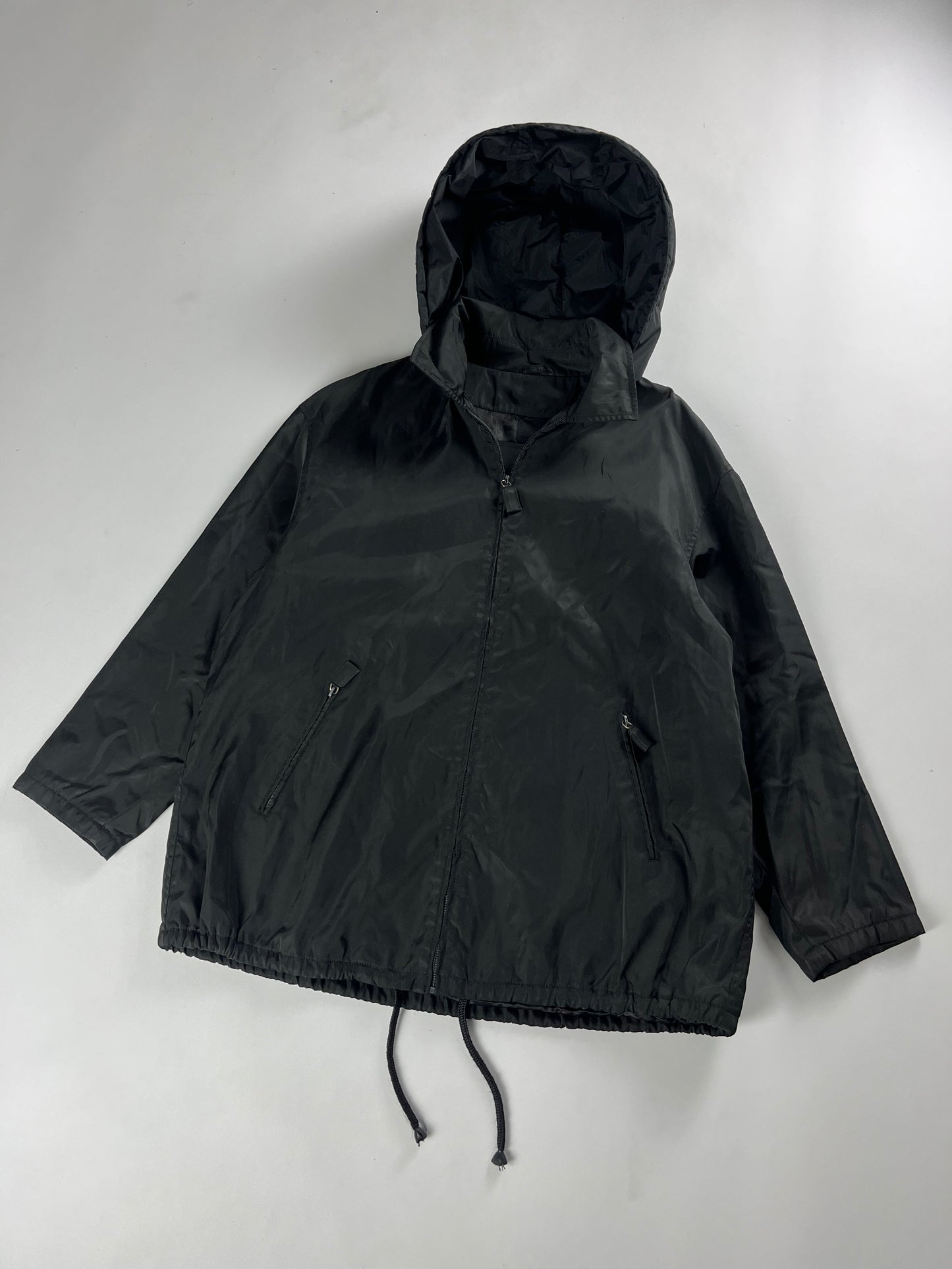 Prada Black Nylon Windbreaker Removable Hood Work Jacket 1990s - L